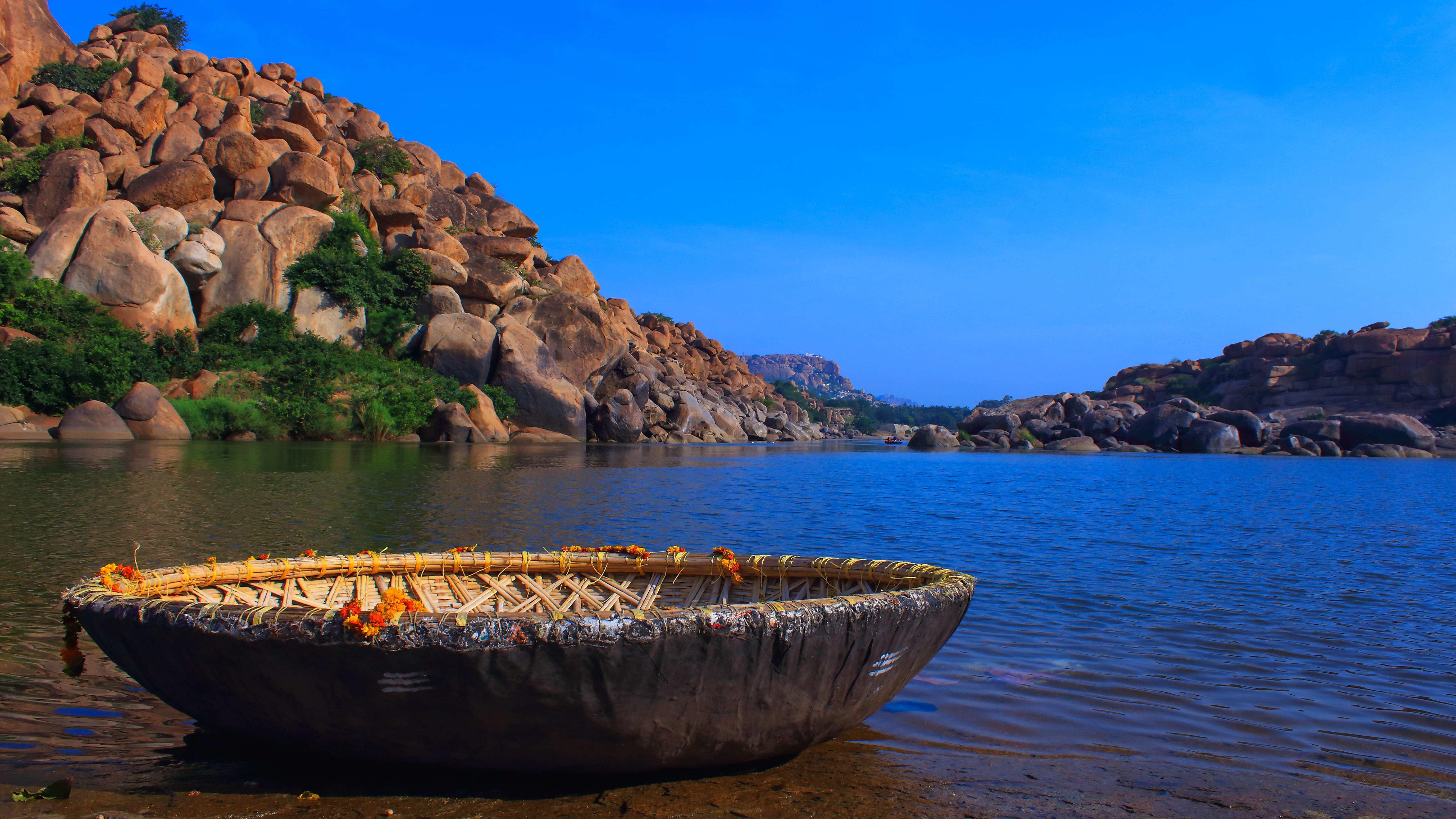 tungabhadra river, tranquil scene, river, tungabhadra, round boat, landscape, boat, land, bamboo boat, outdoors, scenics - nature, 5K, rock formation, HD Wallpaper