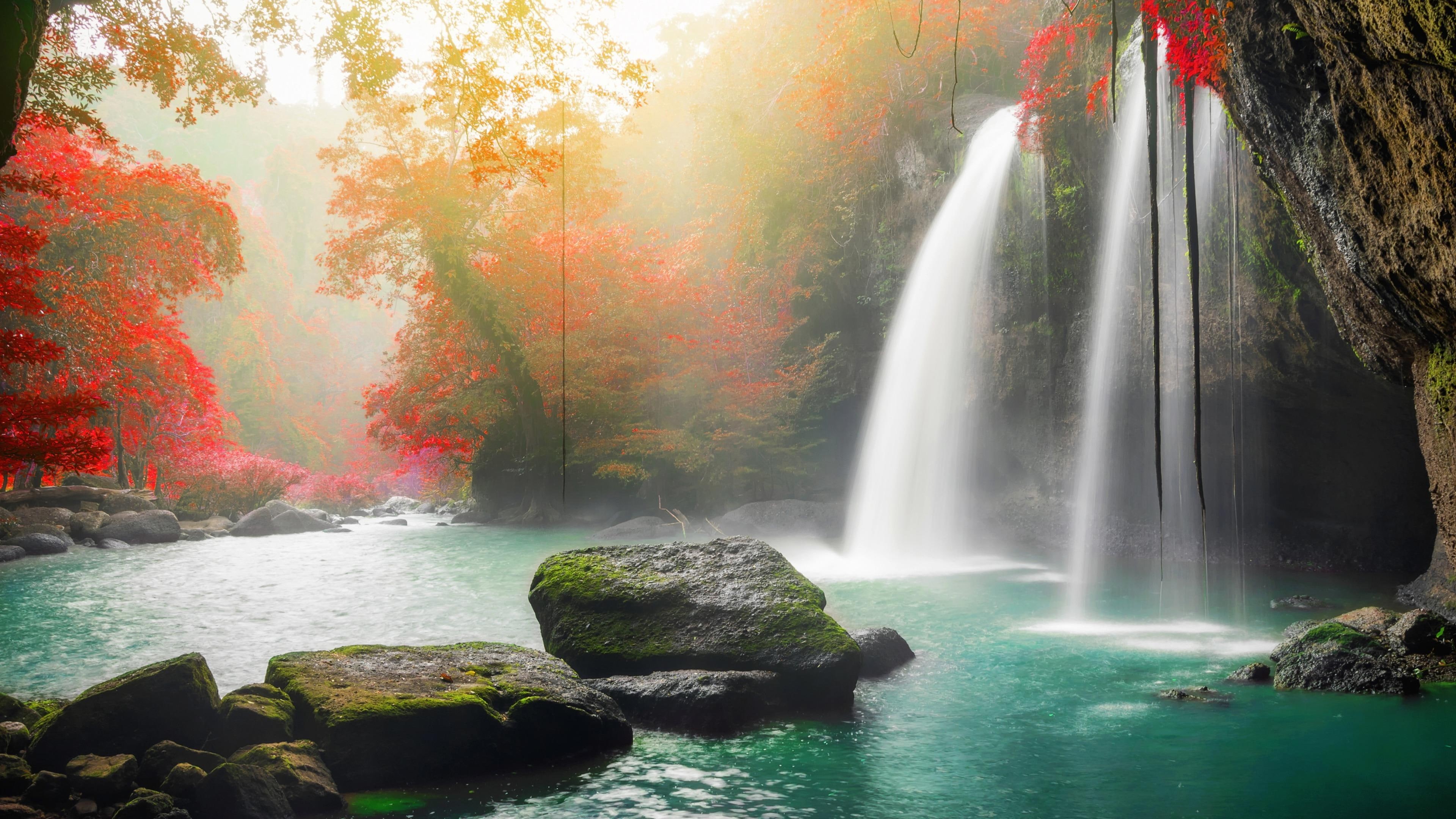 asia, 4K, red leaves, rock, stones, tree, haew su wat waterfall, autumn, waterfall, pond, autumnal, thailand, HD Wallpaper