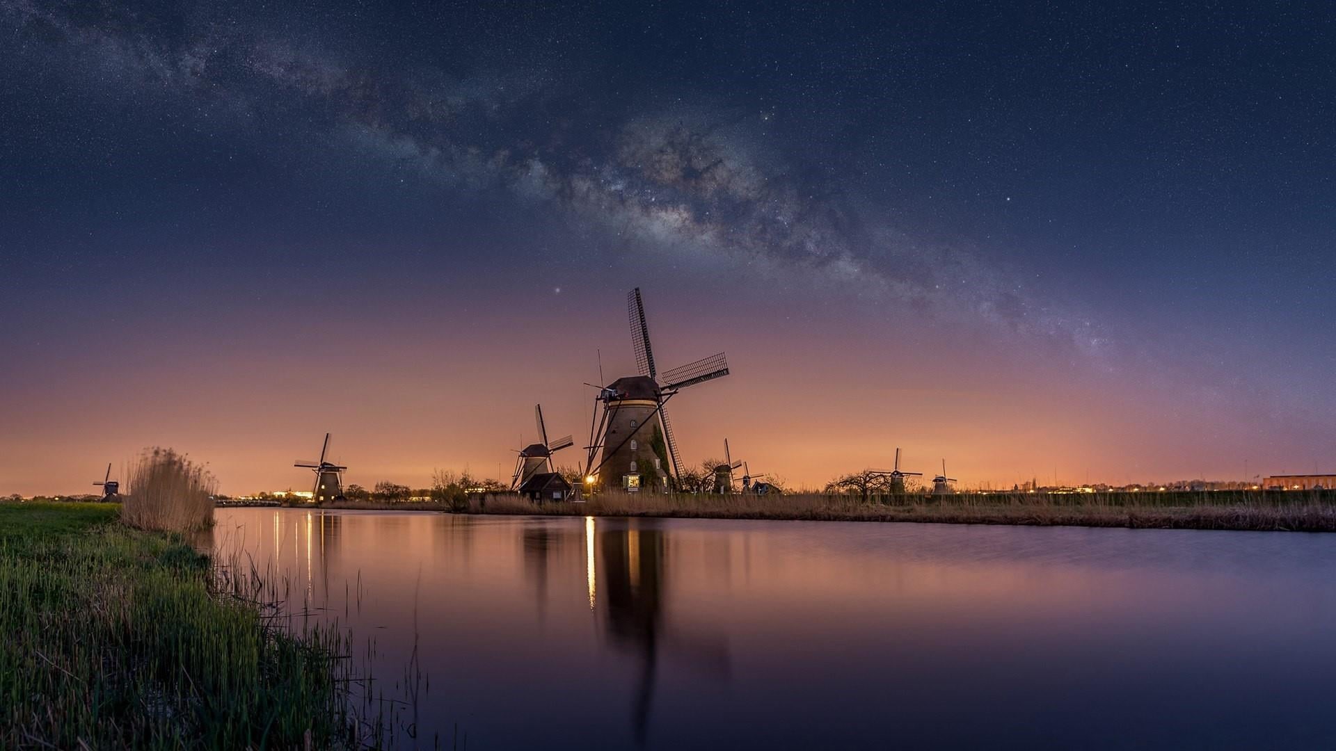 unesco world heritage, dawn, night, long exposure photography, windmill, science, river, long exposure, reflection, starry sky, astronomy, nature, wind turbine, HD Wallpaper
