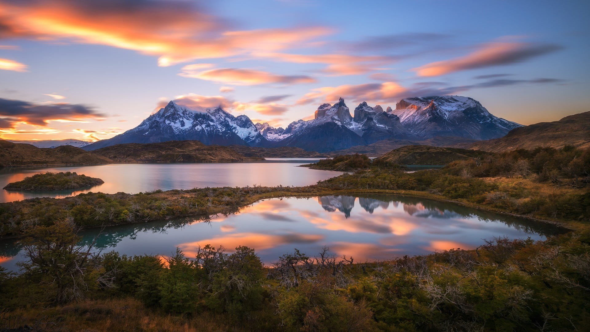 non-urban scene, hills, reflection, field, nature, mountain, snow, Patagonia, clouds, mountain peak, cloud - sky, lake, long exposure, sky, tranquility, HD Wallpaper
