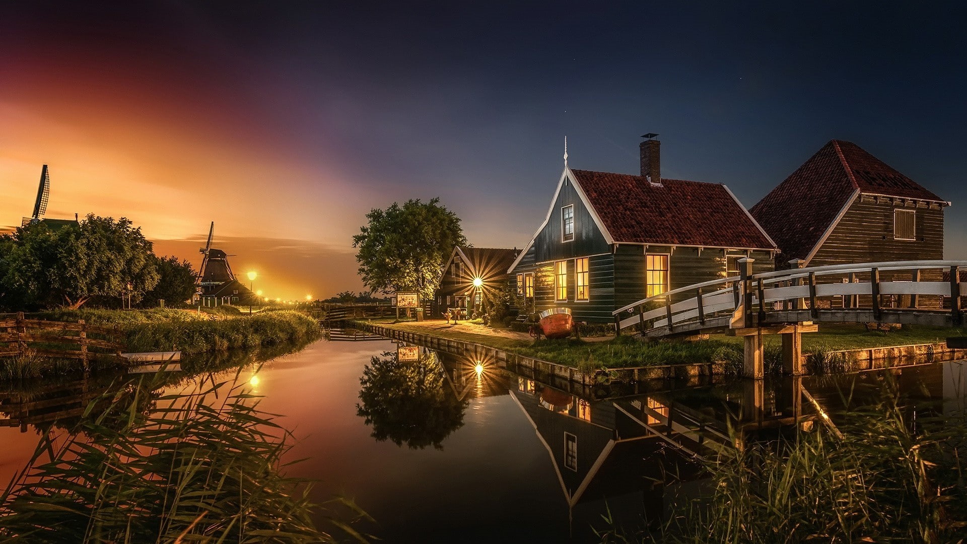 europe, netherlands, water, reflection, sky, eu, tree, house, landscape, windmill, nature, village, evening, home, canal, waterway, zaandam, cottage, 1080P, HD Wallpaper
