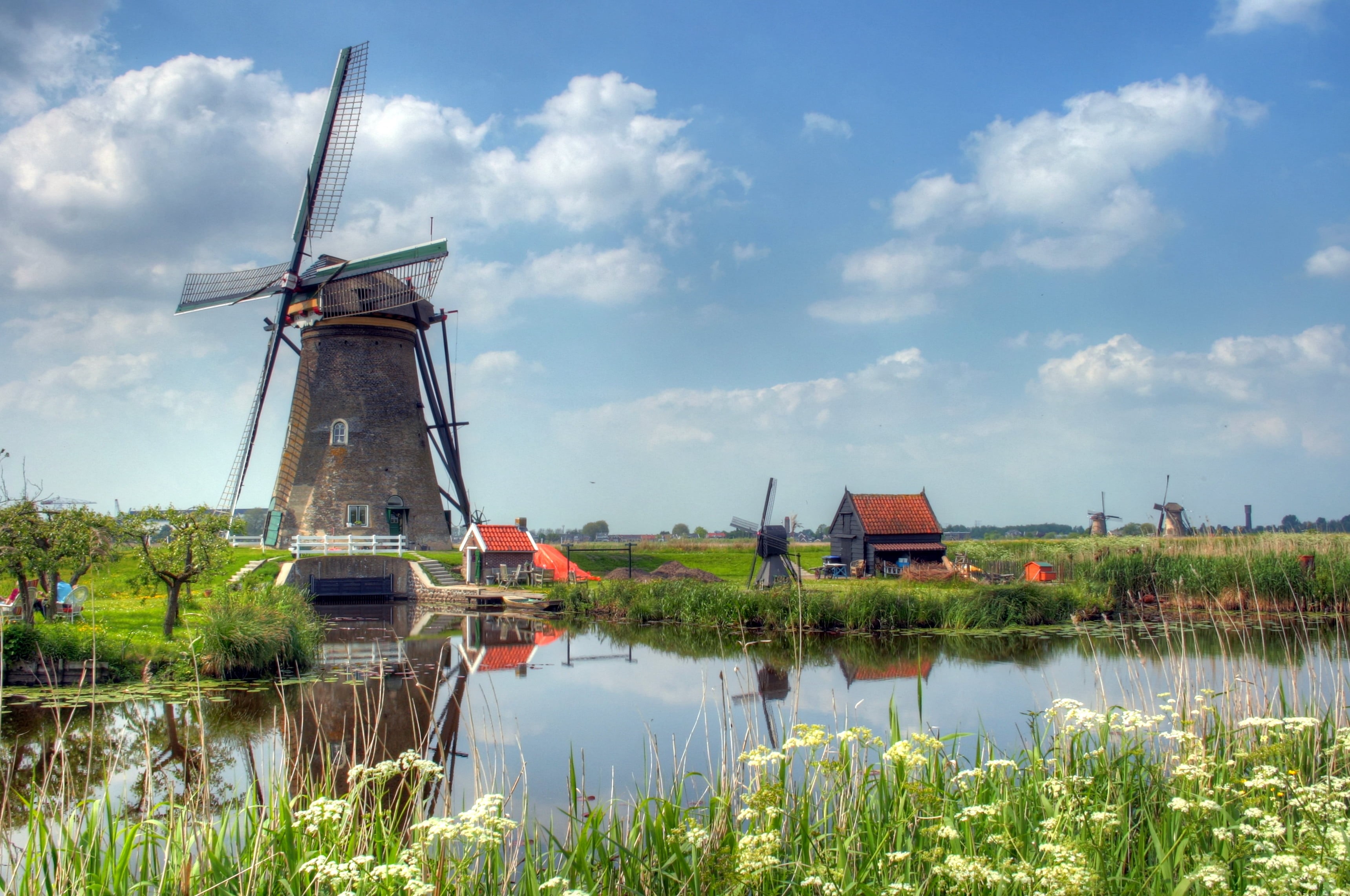 canal, Canon, f/4, sky, cloudy, dutch Culture, rural Scene, history, architecture, summer, 2K, windmill, landscape, river, netherlands, brown, green leaves, HD Wallpaper