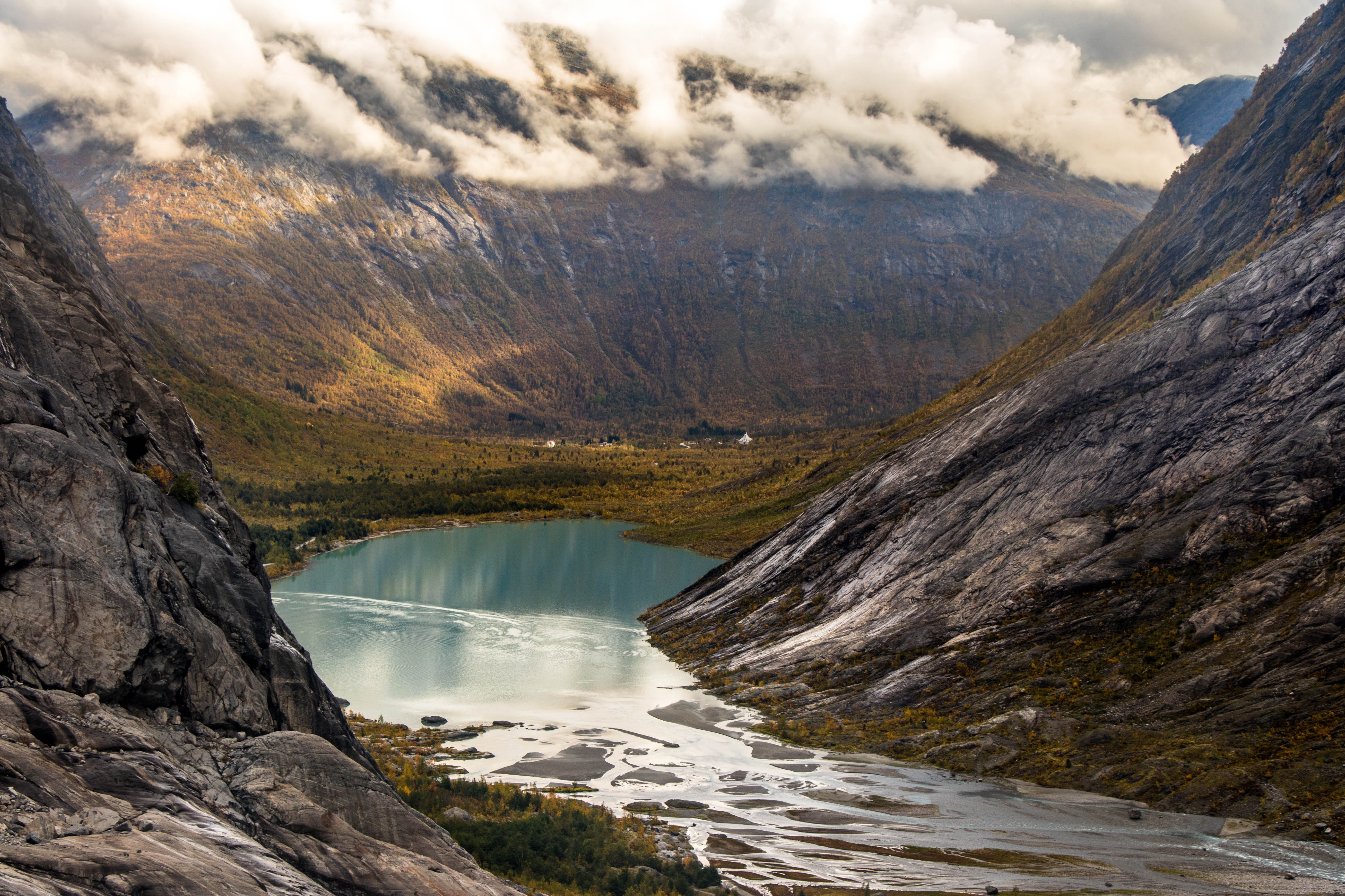 non-urban scene, no people, glacier, glacierhiking, cliff, lake, norway, nature, idyllic, land, hike, mountain range, day, water, body, cliffside, valley, HD Wallpaper