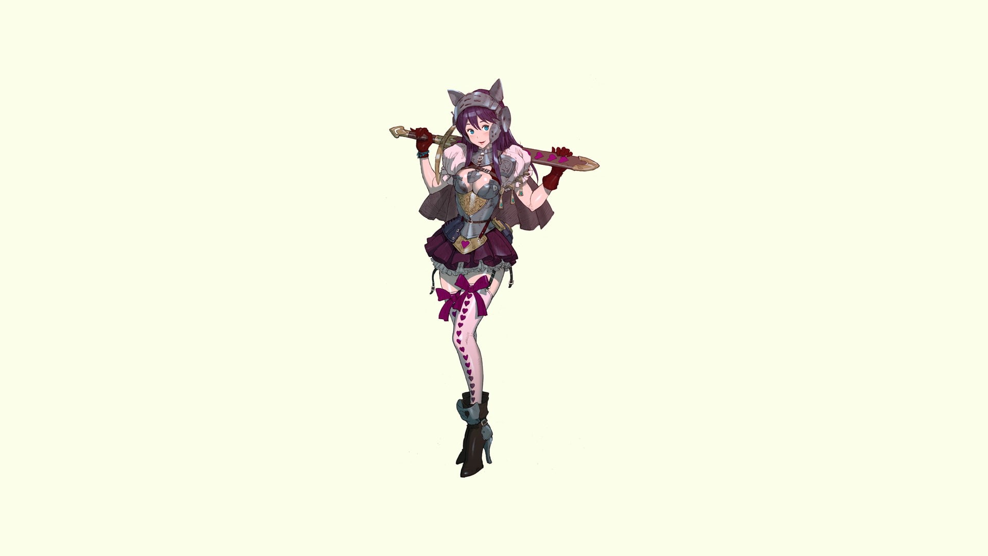 simple background, armor, arms raised, nekomimi, 1080P, heart, blue eyes, white background, full length, clear sky, obscured face, purpule hair, anime, HD Wallpaper