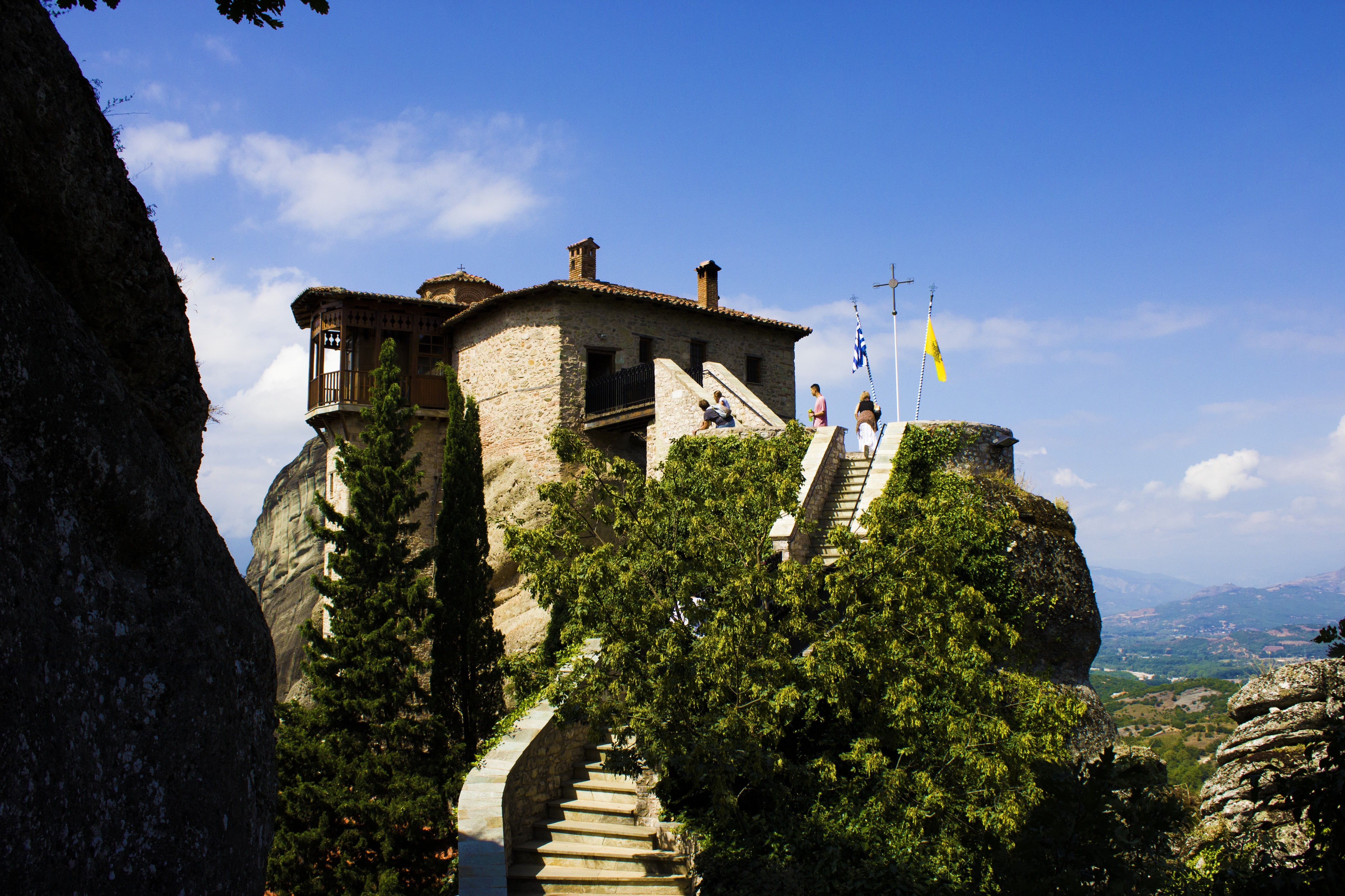 trees, architecture, plant, beach, staircase, mountains, sea, cloud - sky, summer, built structure, boat, history, water, growth, religion, low angle view, HD Wallpaper