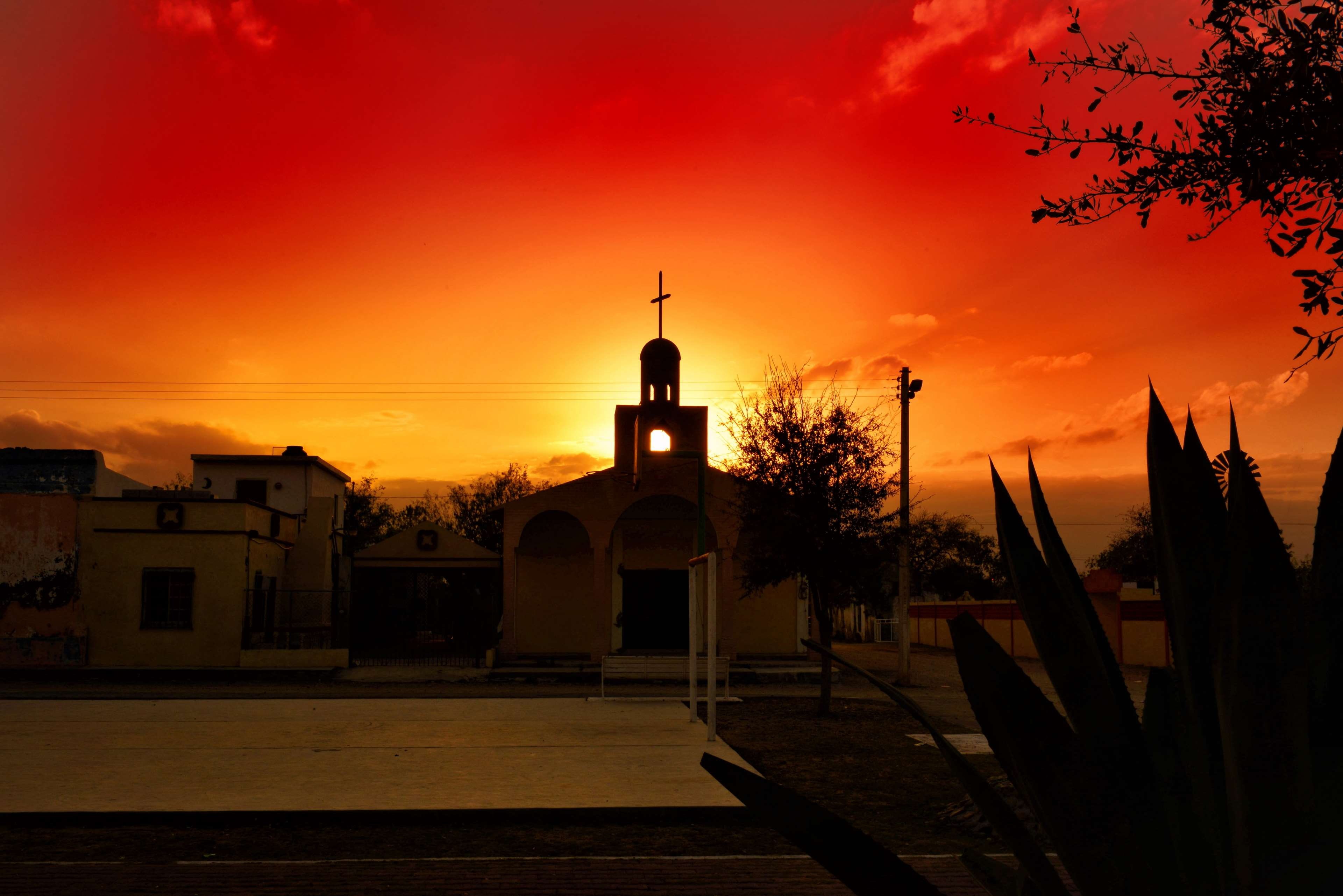 outdoors, scenic, silhouette, catholic, dawn, nature, travel, religion, sky, tourism, no people, old building, light, landscape, mexico, sunset, place of worship, HD Wallpaper