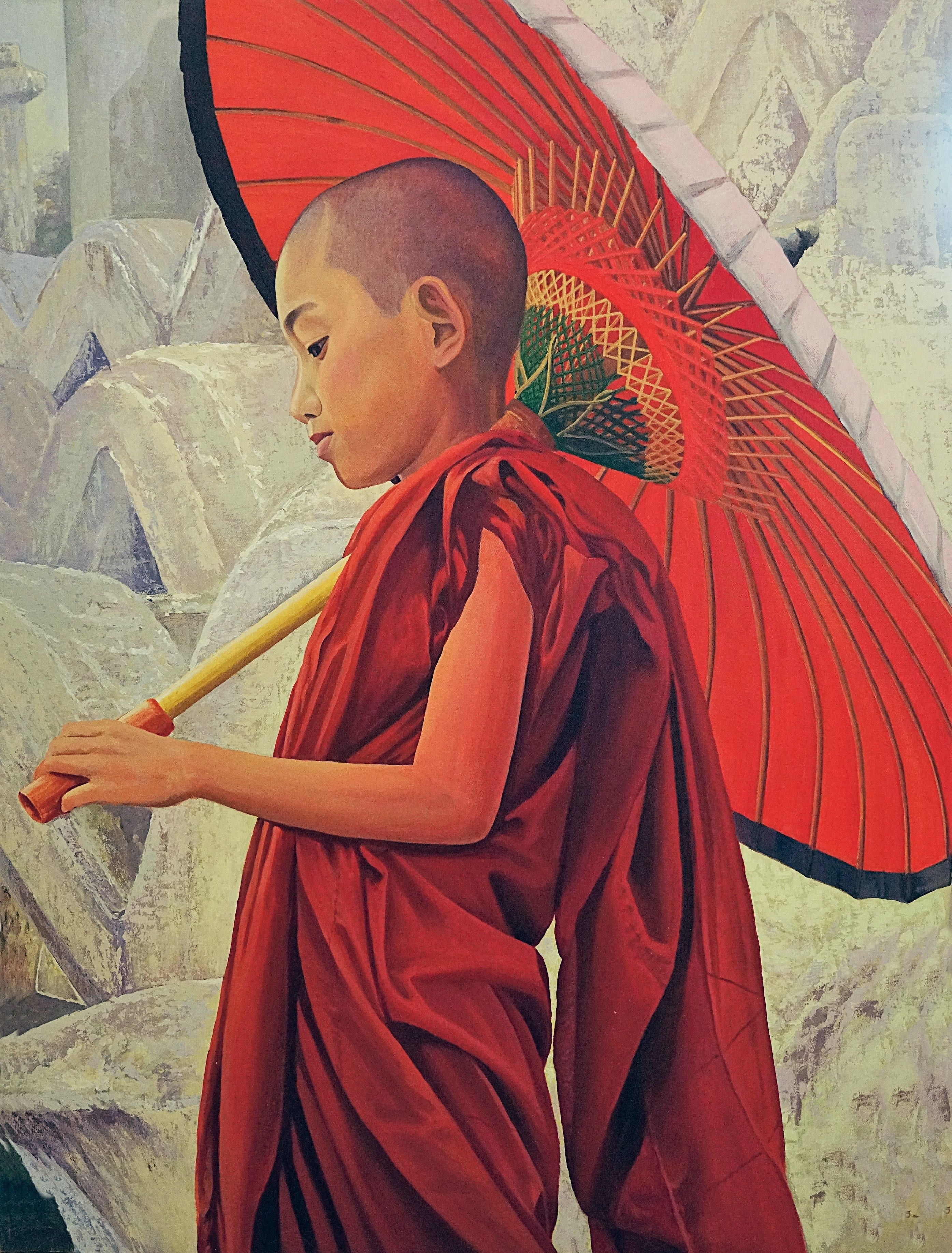 young, red, traditional clothing, 2K, place of worship, standing, buddhism, umbrella, real people, contemplation, architecture, robe, clothing, three quarter length, Phone HD Wallpaper