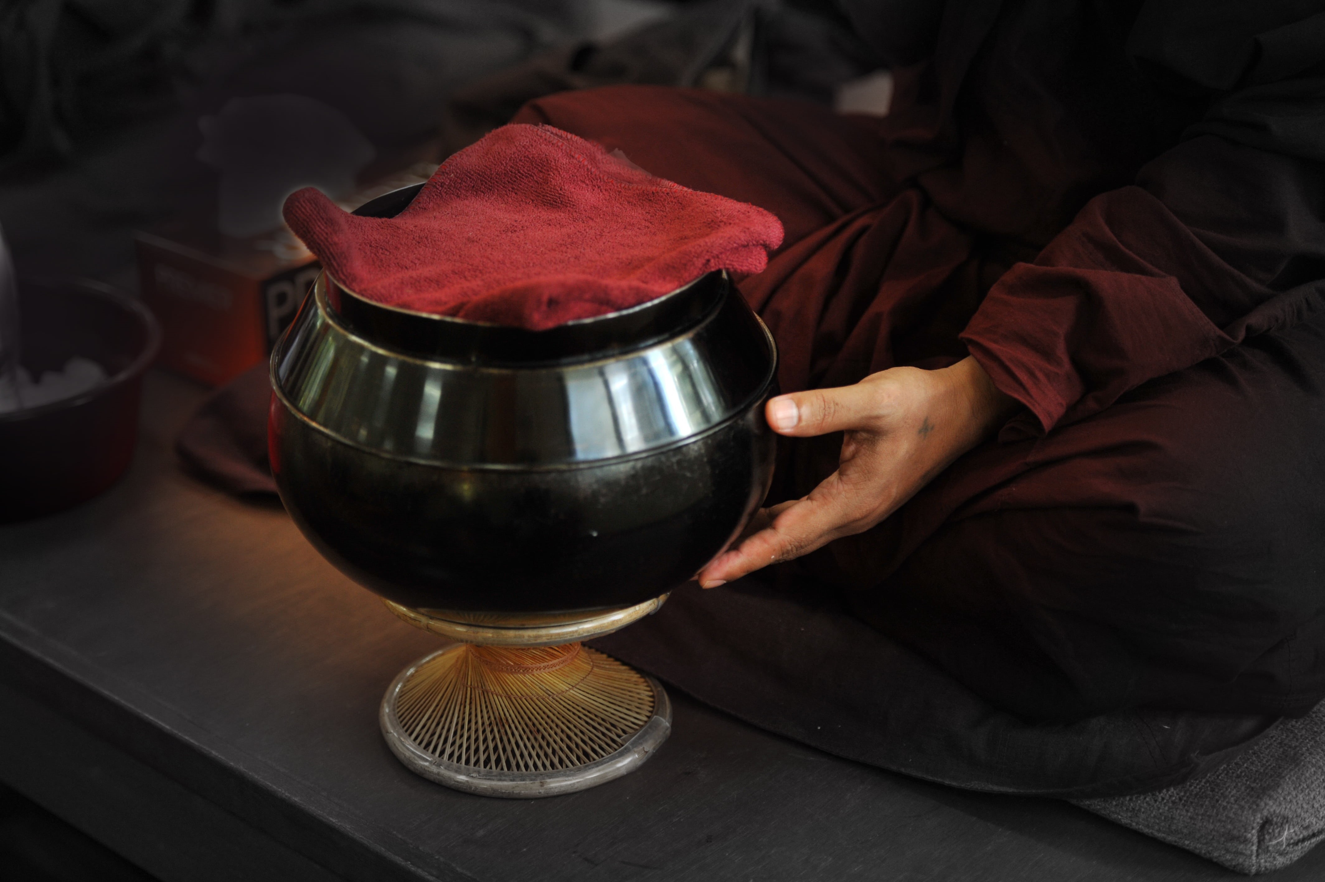 bowl, buddhism, food, religious, domestic room, real people, traditional, kitchen utensil, indoors, drink, alms, buddhist, red, theravada buddhism, glass, HD Wallpaper