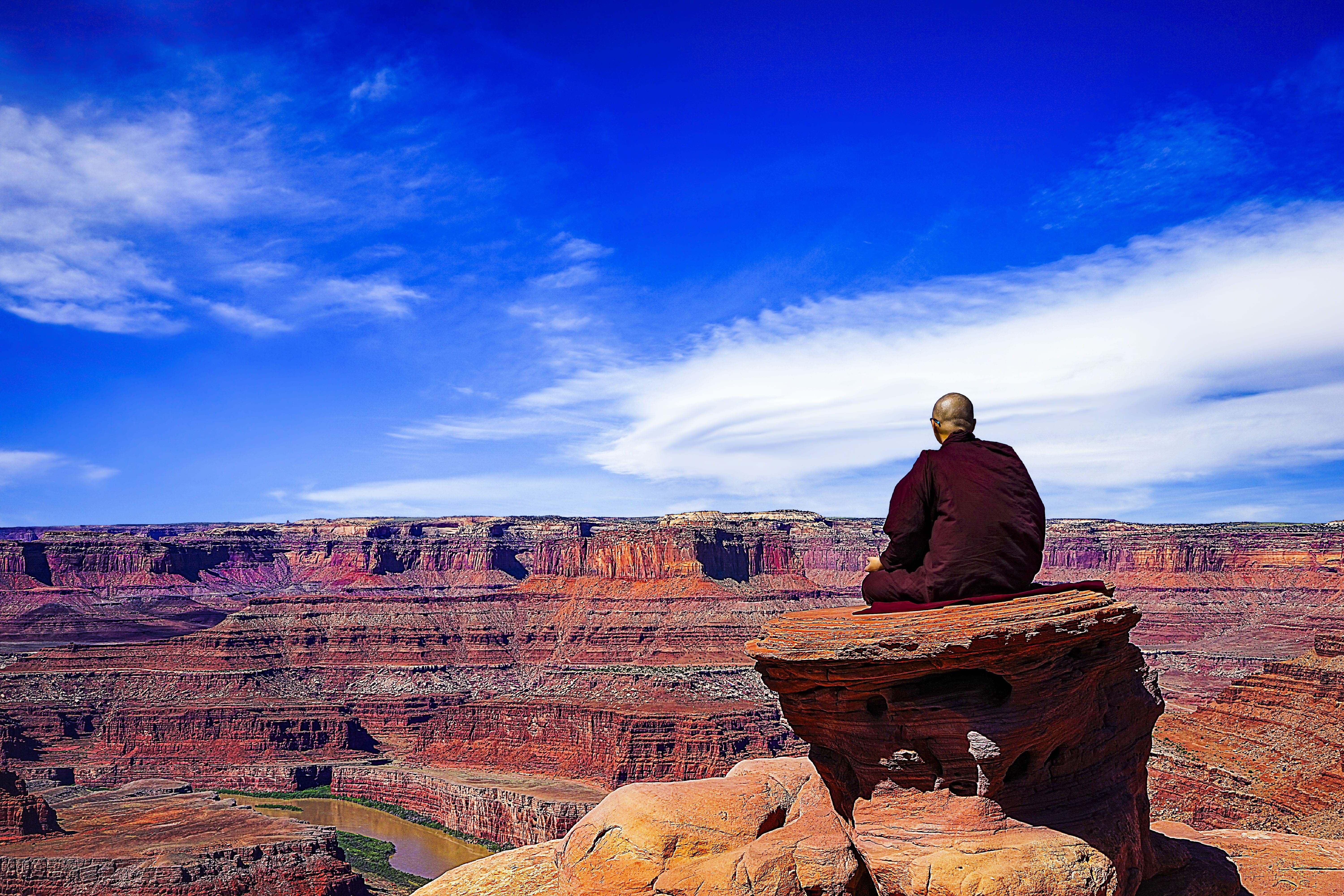 sky, relax, travel destinations, meditation, one person, architecture, colorado river, men, religion, scenic, canyon, the past, landscape, looking at view, HD Wallpaper