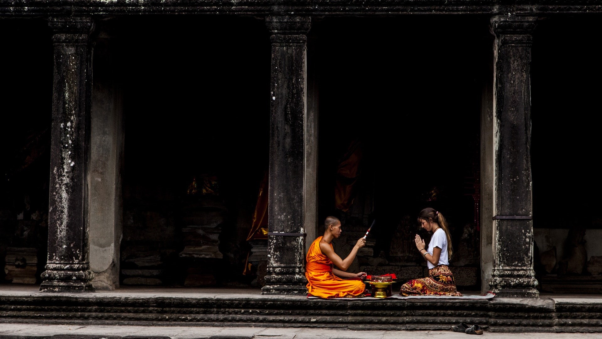 monastery, building, column, monks, Buddhism, people, full length, religion, bald head, casual clothing, photography, adult, lifestyles, long hair, belief, HD Wallpaper