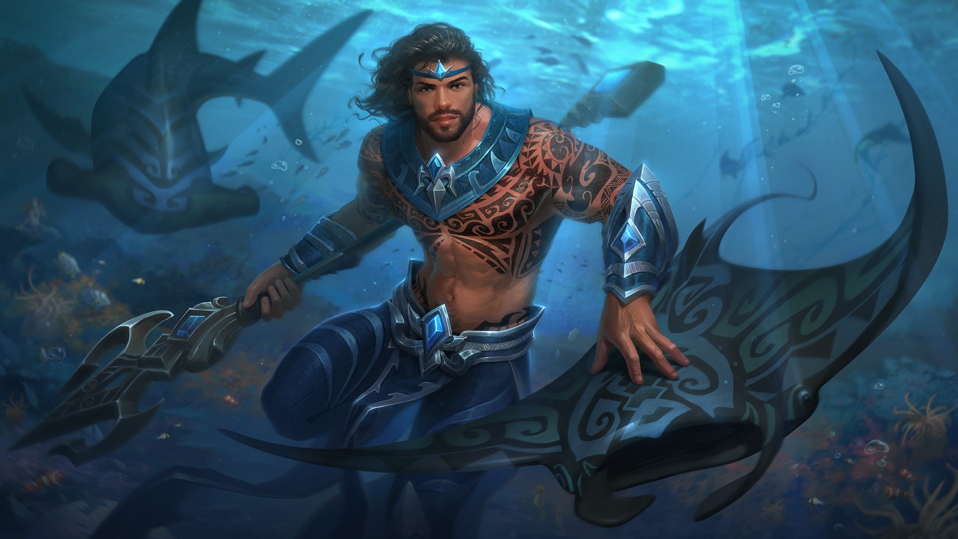 Underwater, Poseidon (Smite), Shark, Video Game, 1080P, Smite, Tattoo, Manta Ray, Man, Trident, Warrior, HD Wallpaper