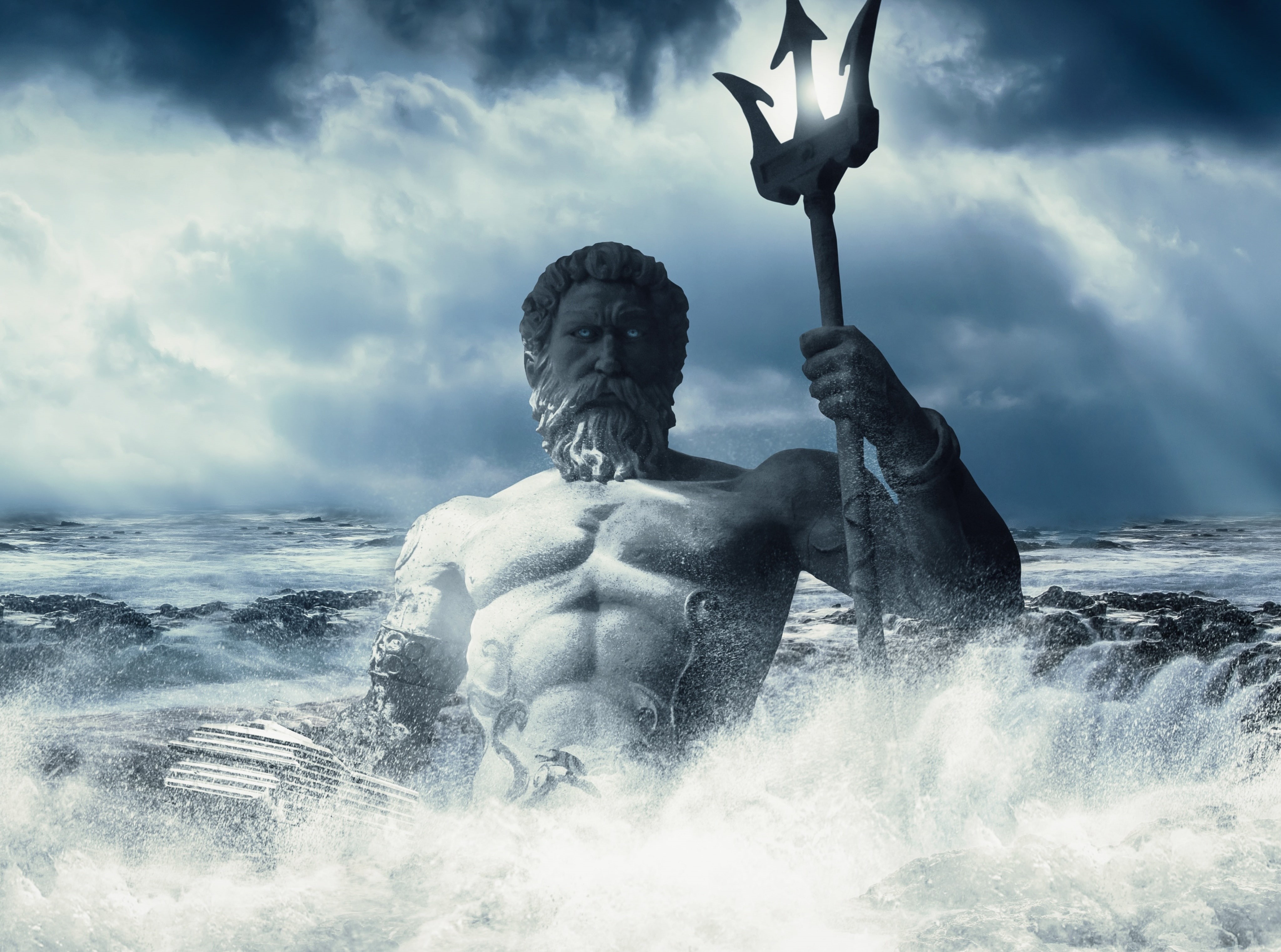 TwelveOlympians, religion, trident, Greek, sky, Ocean, Poseidon, god, motion, Creative, sculpture, cloud - sky, splashing, Aero, art and craft, protector, HD Wallpaper
