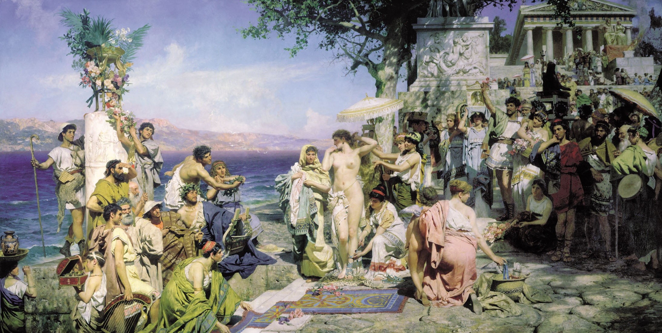 antique, mountains, 1889, Canvas, 1080P, sea, oil, Henri semiradzki, Phryne at the festival of Poseidon in Elefsina, HD Wallpaper