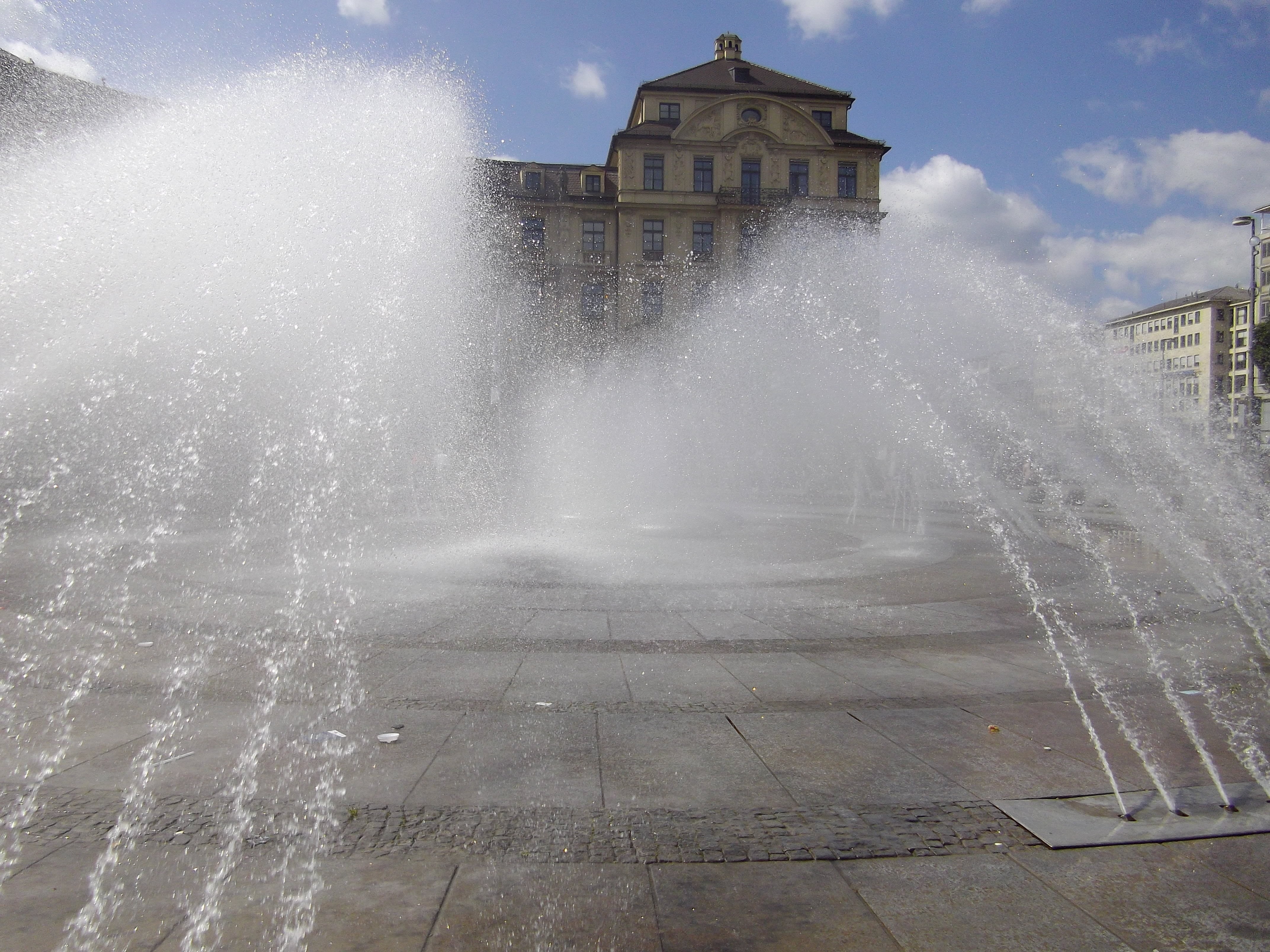 architecture, built structure, fountain, power in nature, munich, flowing water, wet, water, city, spraying, no people, building, stachus, long exposure, HD Wallpaper