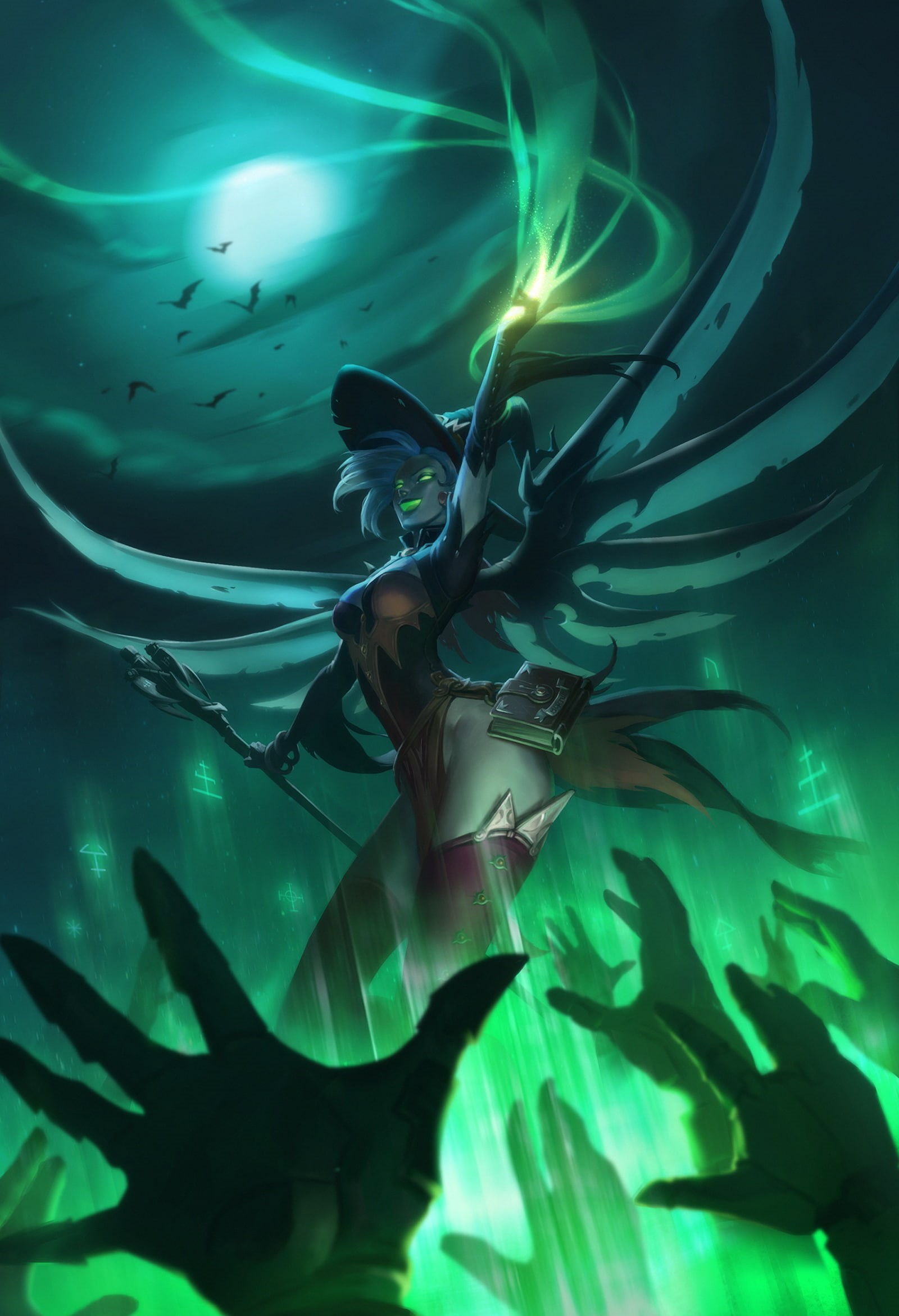 wings, dress, witch, Overwatch, weapon, 1080P, Mercy (Overwatch), witch hat, thigh-highs, hat, Halloween, Phone HD Wallpaper
