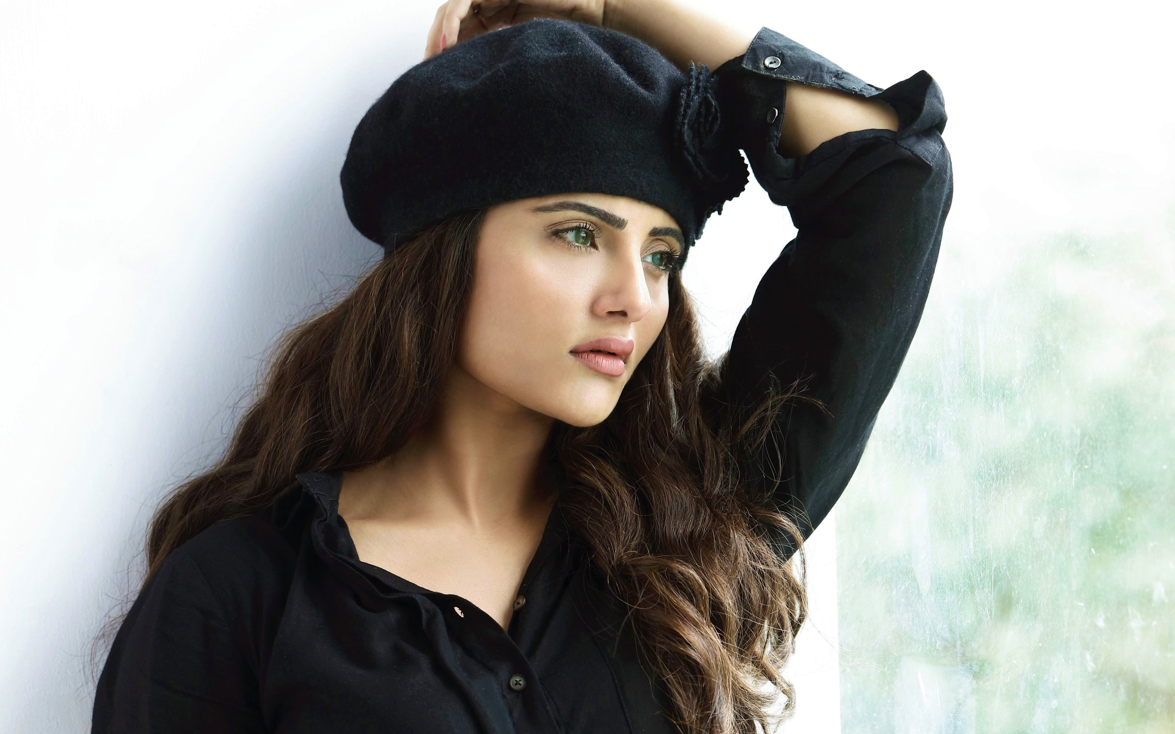 beautiful people, headshot, indoors, young adult, looking at camera, clothing, body part, long hair, hat, beauty, young women, hairstyle, fashion, aqsa bhatt 4k  background desktop computer, HD Wallpaper