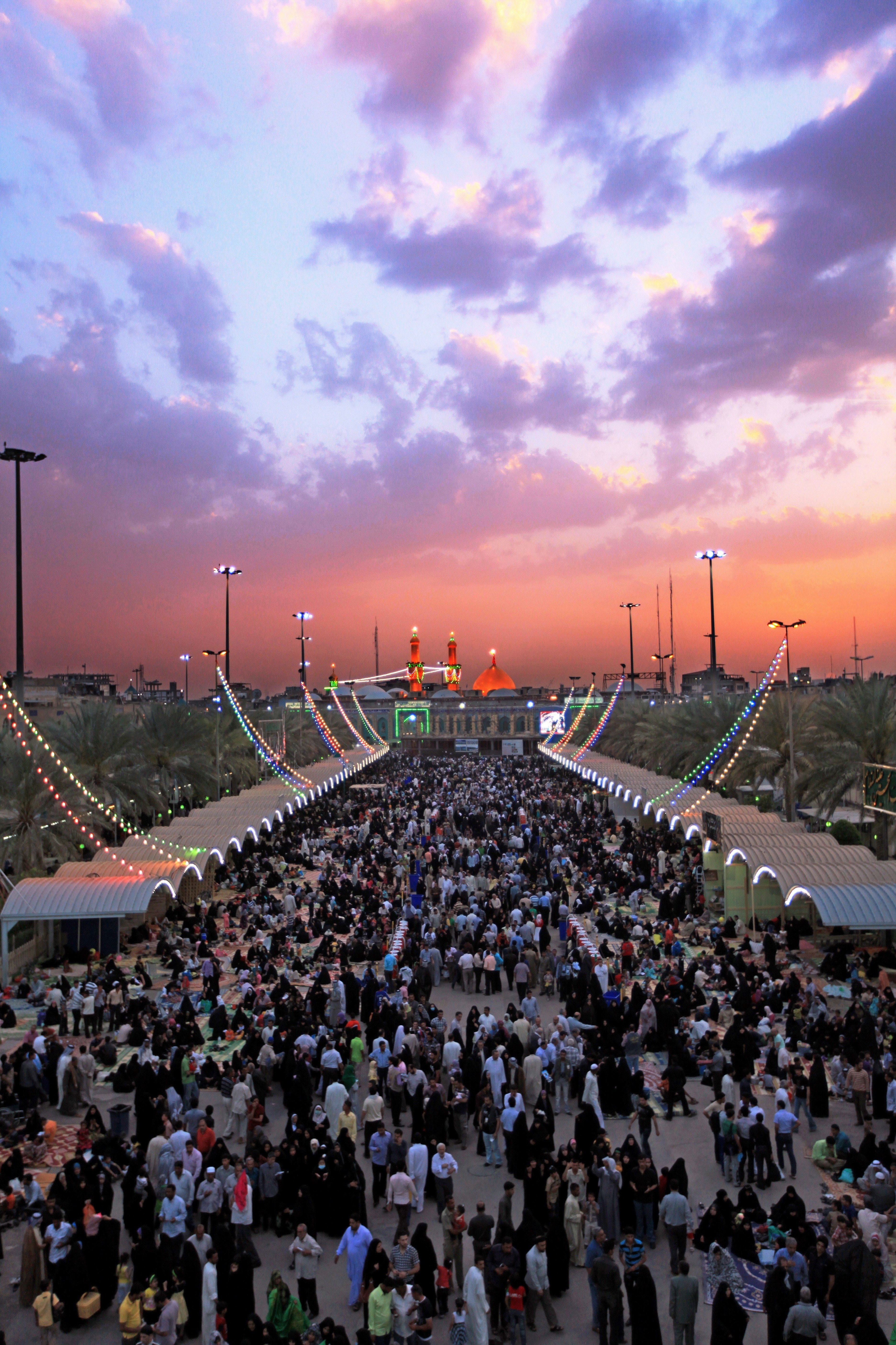 built structure, architecture, stadium, group of people, high angle view, lifestyles, outdoors, sunset, sky, nature, cloud - sky, 5K, karbobala imam hussain, Phone HD Wallpaper