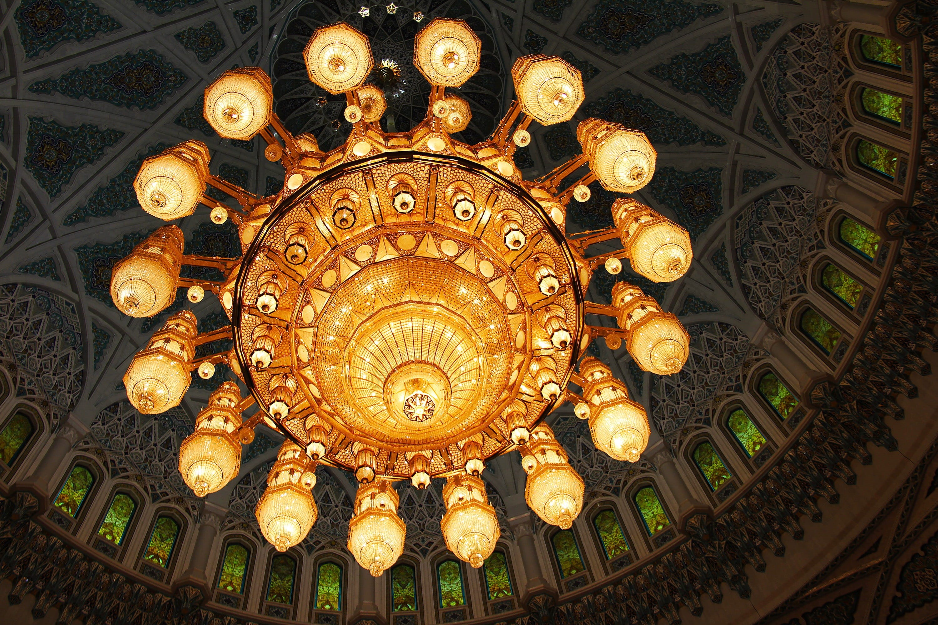 building, light, grand, amazing, luxury, directly below, built structure, decoration, no people, religious, prayer, mosque, travel destinations, oman, golden, HD Wallpaper