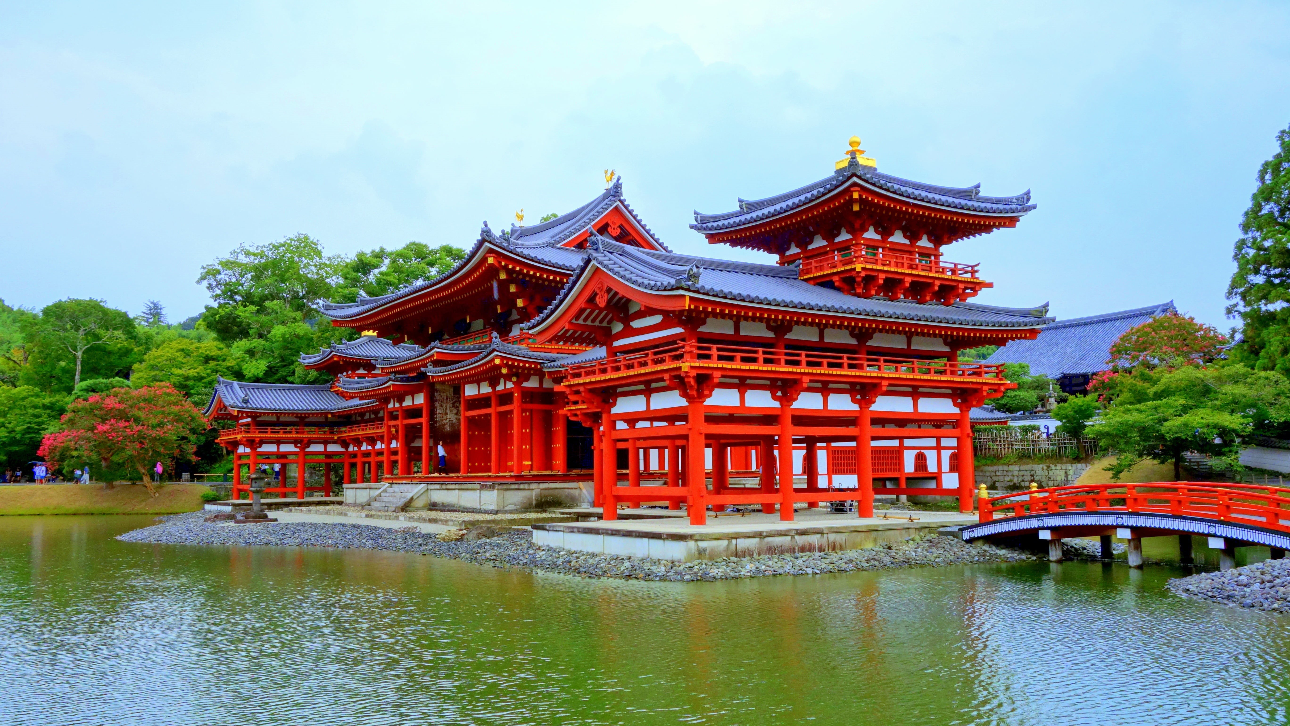 travel, nature, lake, temples and shrines, 5K, red, byodoin temple, built structure, plant, belief, shrine, architecture, it, tree, travel destinations, HD Wallpaper