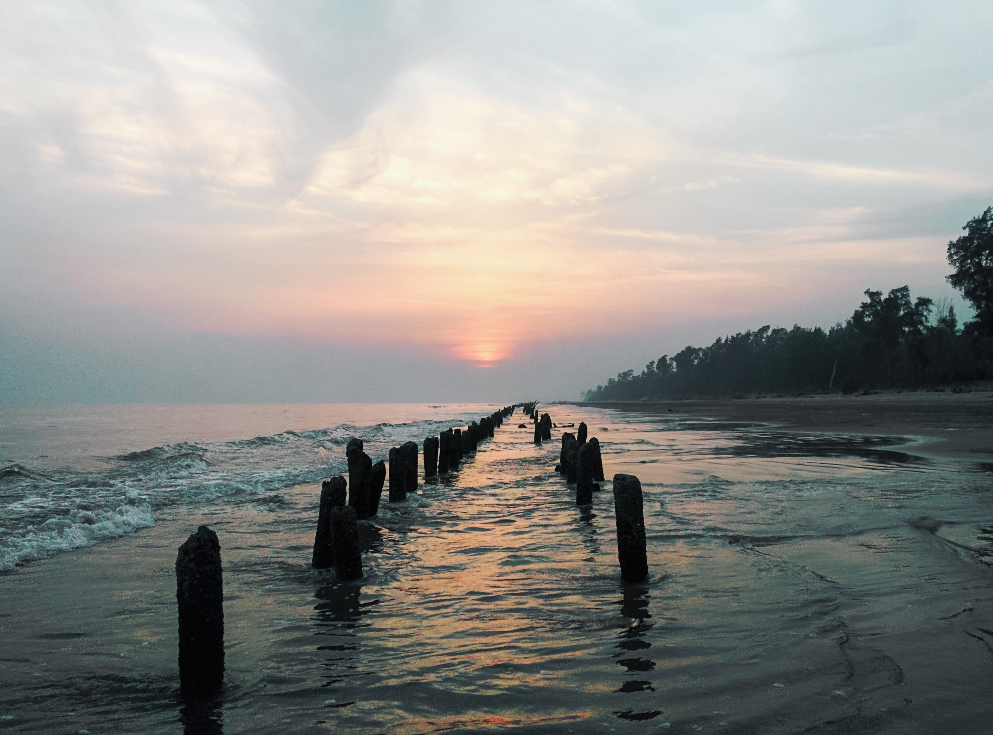 peace, groyne, ocean, shankarpur, virginbeach, horizon over water, orangesky, beauty in nature, beach, nature, waves, post, outdoors, sunset, land, water, HD Wallpaper