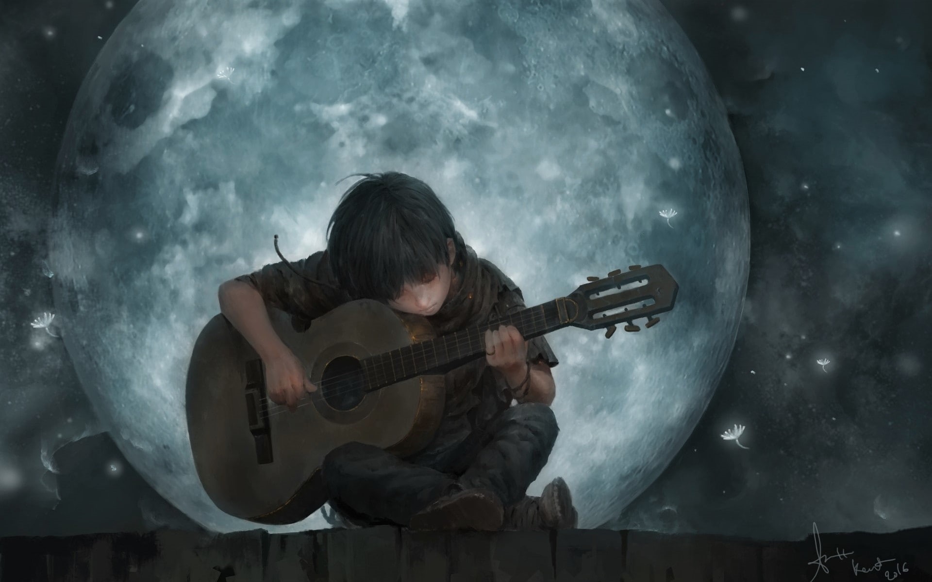 music, performance, string instrument, musical equipment, artist, moon, musician, 1080P, musical instrument, little, leisure activity, men, skill, boy, HD Wallpaper