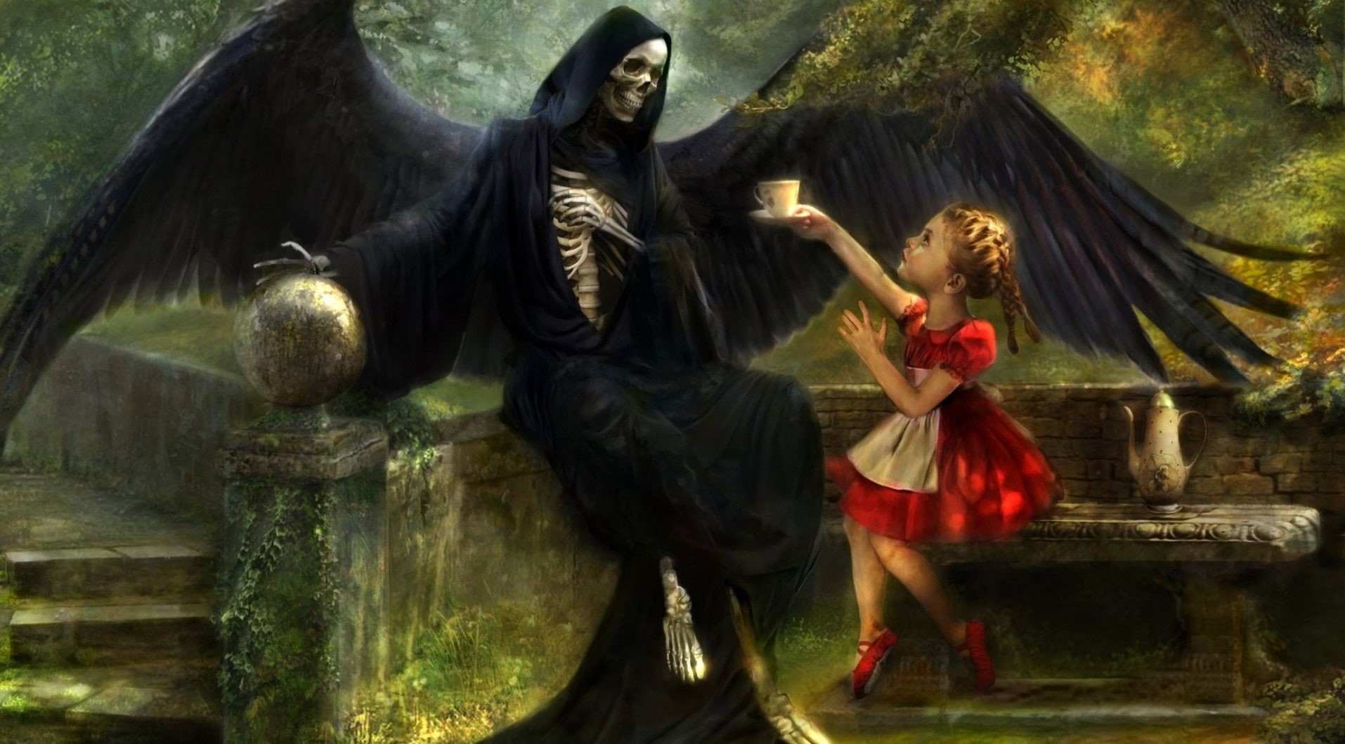 skull, children, fantasy, death, 720P, little, girl, fantasy art, art, little girl, tea, HD Wallpaper