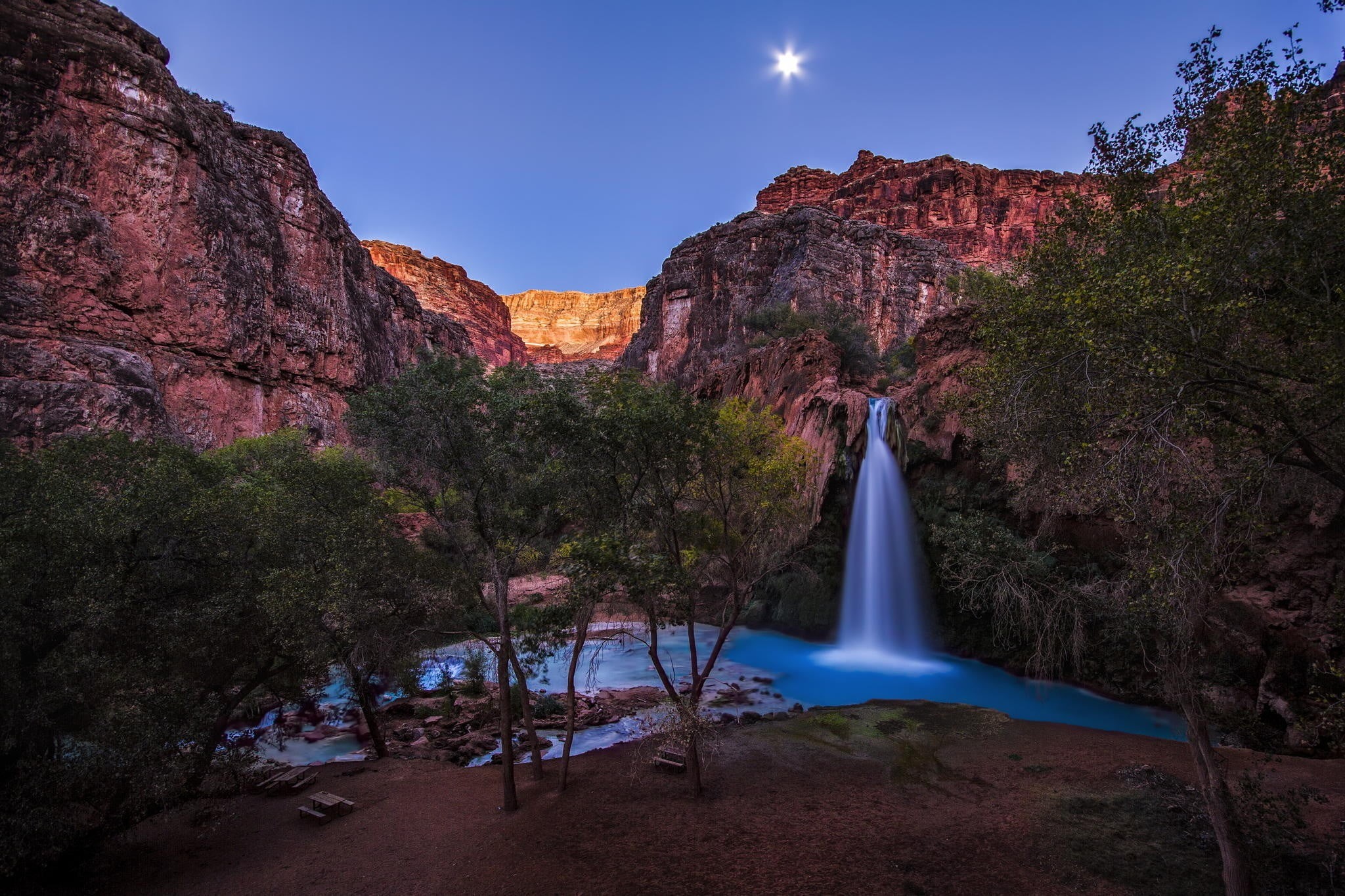 mountain, no people, waterfall, long exposure, bench, nature, Moon, landscape, Arizona, rock formation, USA, rock, solid, rock - object, water, night, beauty in nature, HD Wallpaper