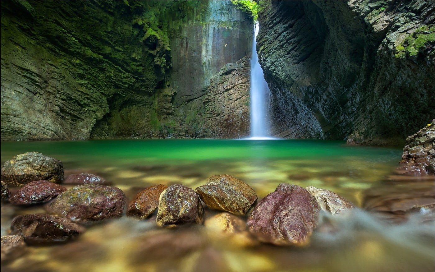 720P, long exposure, pond, landscape, waterfall, moss, erosion, rock, nature, HD Wallpaper