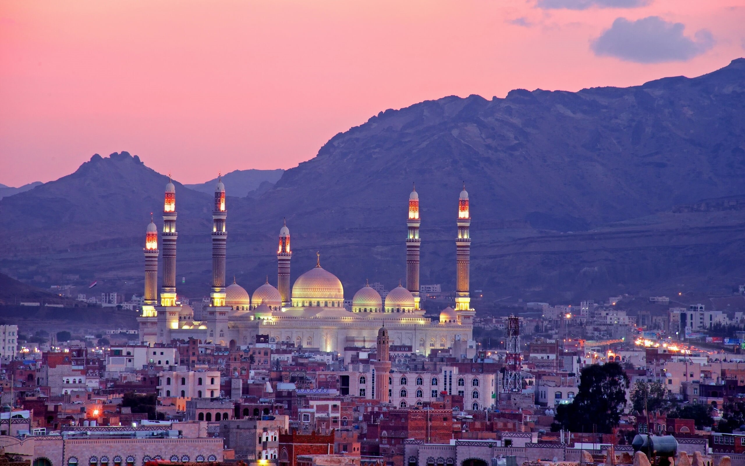 building exterior, building, Sanaa, Yemen, orange, The Al-Saleh Mosque, belief, built structure, nature, white, mountain, cityscape, 2K, religion, mosque, HD Wallpaper