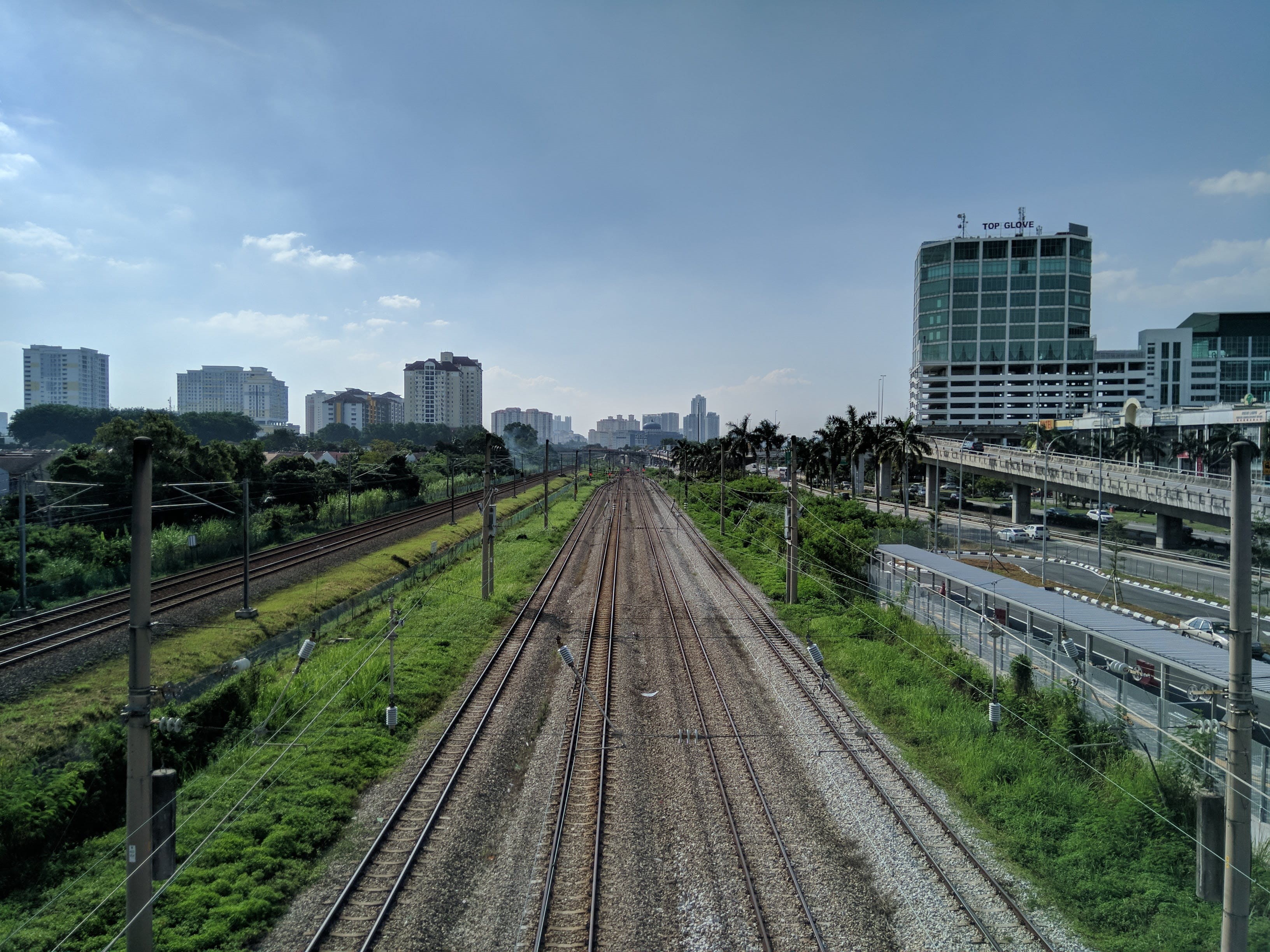 transportation, day, road, city, railroad track, diminishing perspective, apartment, cloud - sky, direction, cityscape, serdang, malaysia, built structure, HD Wallpaper