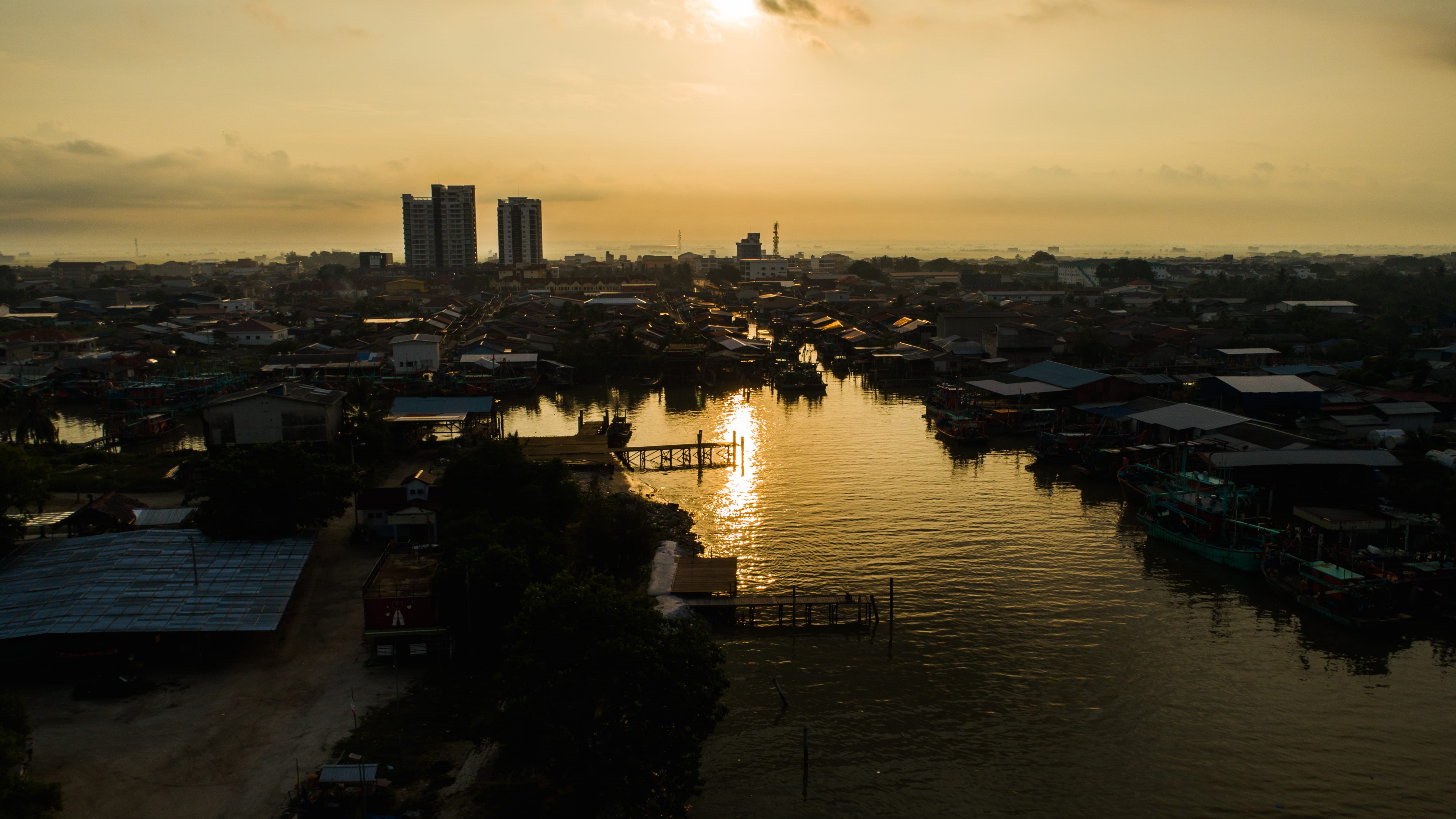 sky, waterfront, fisherman, no people, office building exterior, selangor, cityscape, house, nature, water, architecture, reflection, sekinchan, sunset, HD Wallpaper