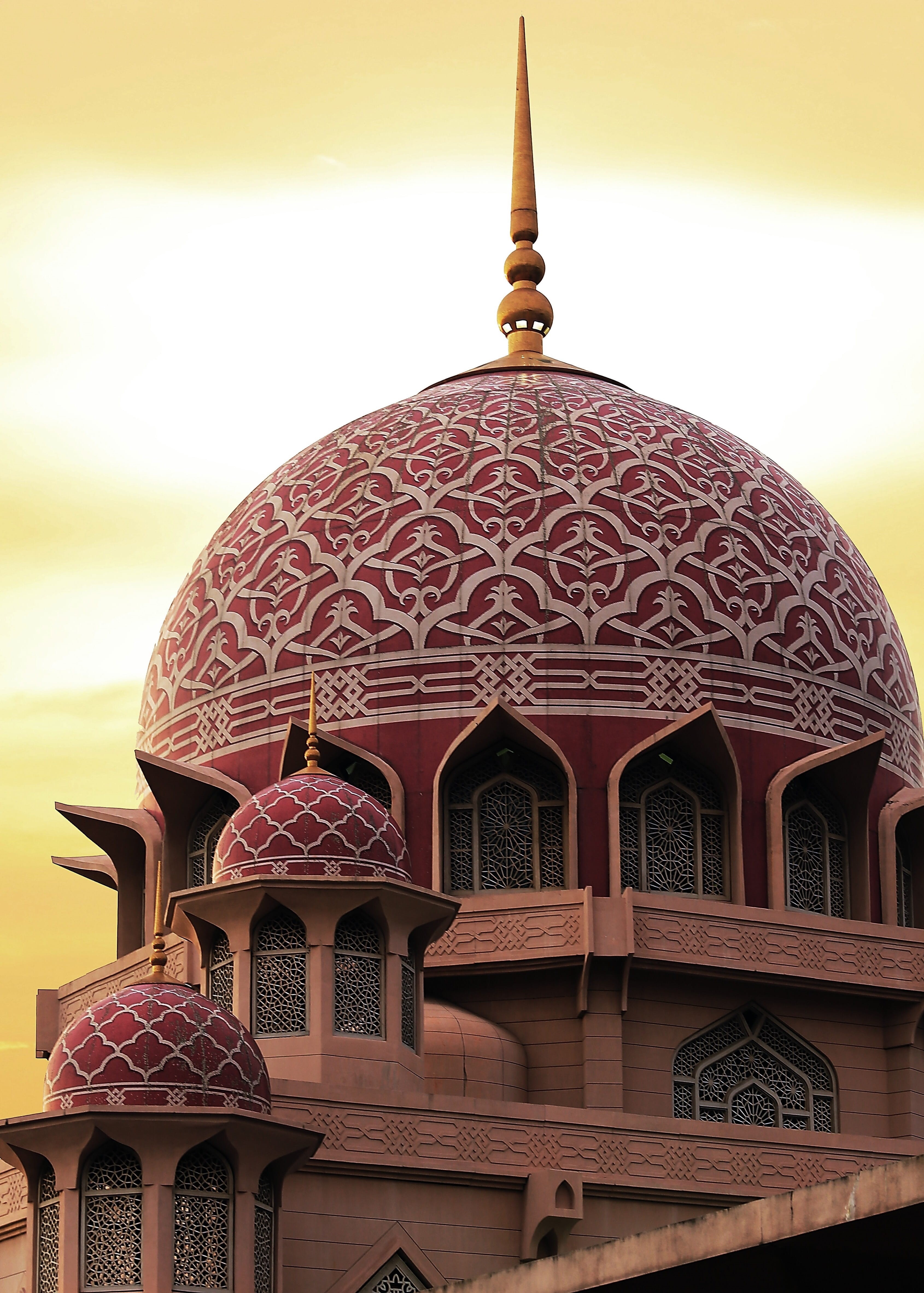 religion, dome, spire, floral pattern, tourism, spirituality, cupola, malaysia, putrajaya, travel, nature, sky, ornate, travel destinations, landscape, Phone HD Wallpaper