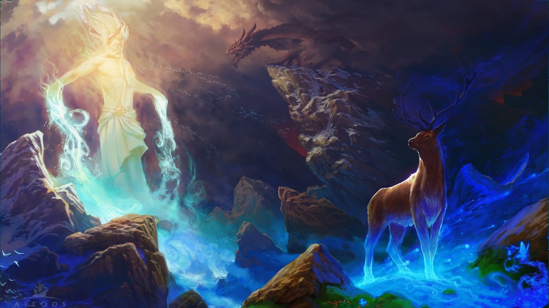 Dragon, 1080P, Deer, Rocks, Art, Painting, Magic, HD Wallpaper