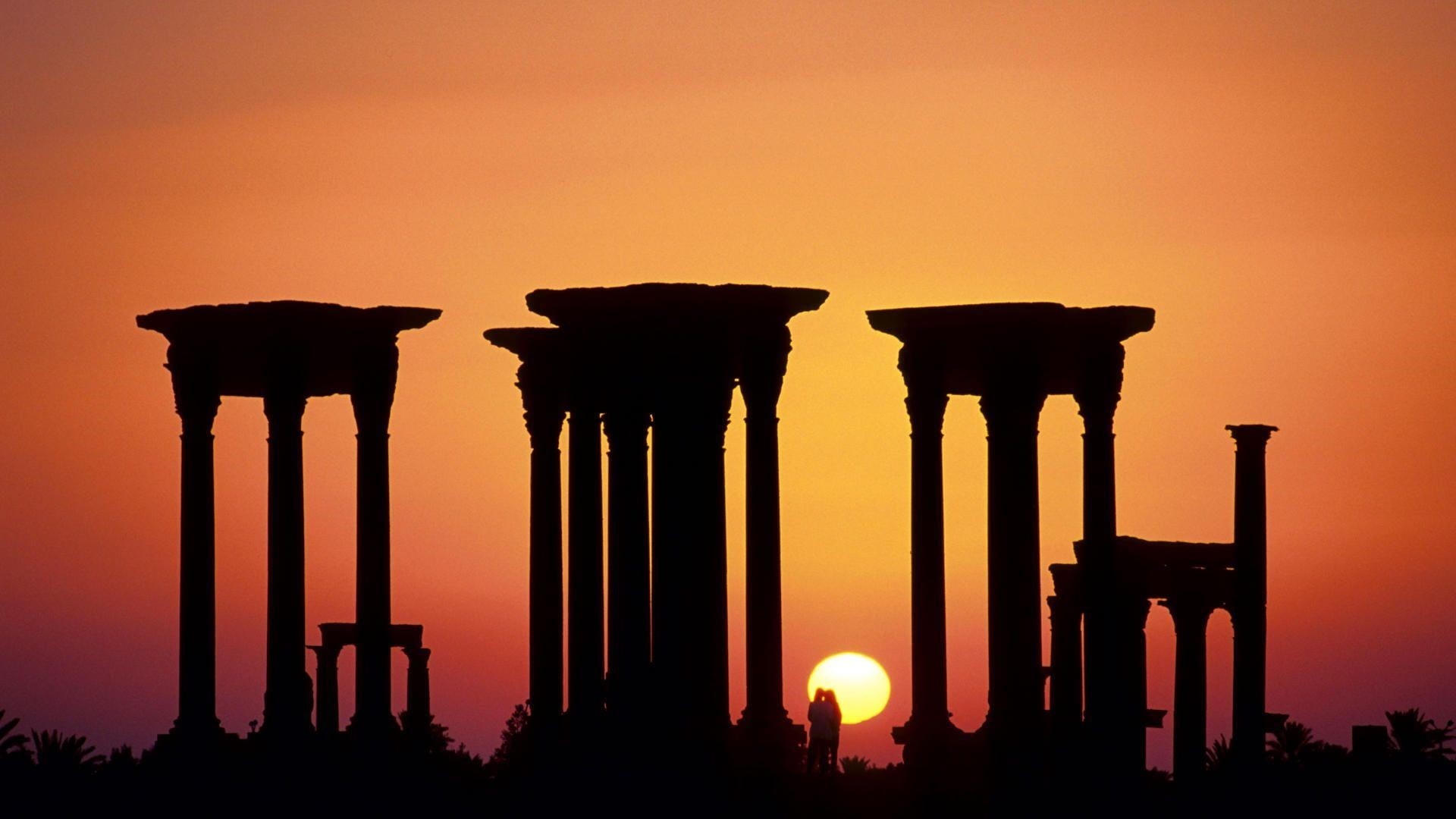 silhouette, dusk, travel destinations, ancient, sculpture, orange sky, syria, sunset, orange sunset, sundown, asia, middle east, nature, outdoors, ancient history, HD Wallpaper
