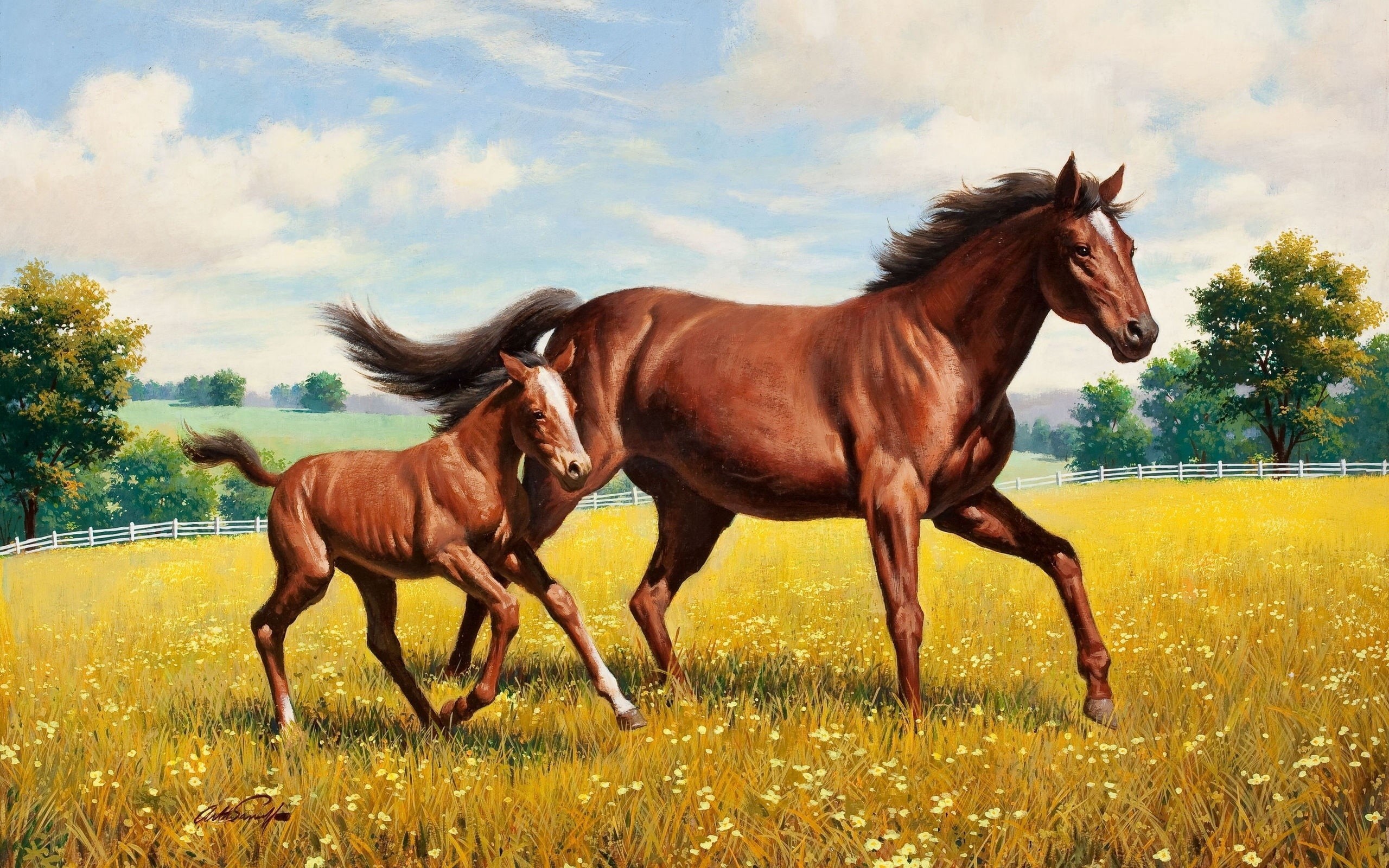 rural Scene, mammal, land, pets, domestic animals, 2K, nature, riding, painting, pasture, livestock, thoroughbred Horse, no people, horses, grass, meadow, HD Wallpaper