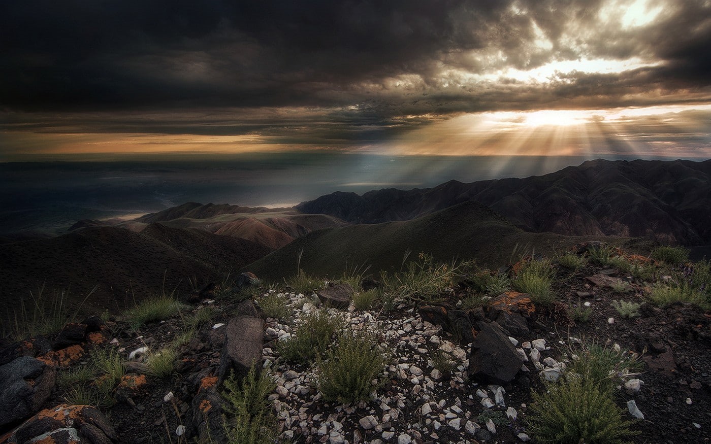 landscape, nature, sun rays, shrubs, clouds, mountains, Mongolia, sky, 720P, sunlight, dark, HD Wallpaper