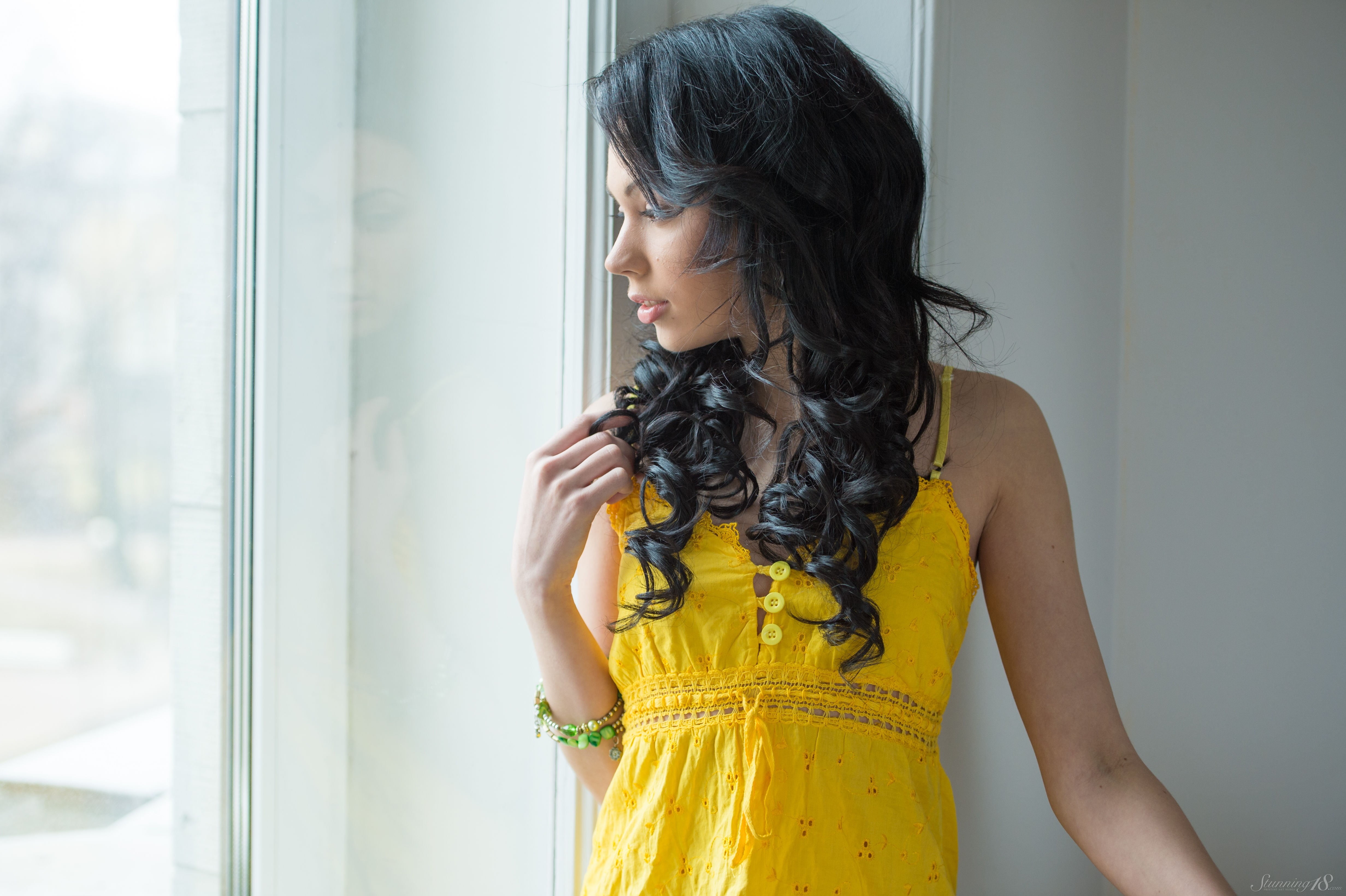 one person, leisure activity, beautiful woman, women, model, open mouth, looking away, yellow dress, dress, black hair, young adult, waist up, hairstyle, HD Wallpaper
