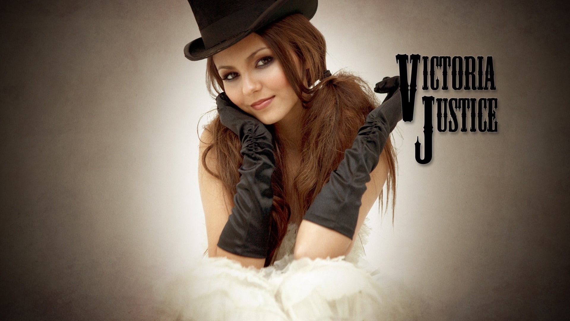 1080P, simple background, bare shoulders, face, elbow gloves, model, ponytail, top hat, Victoria Justice, actress, brunette, long hair, women, white dress, HD Wallpaper