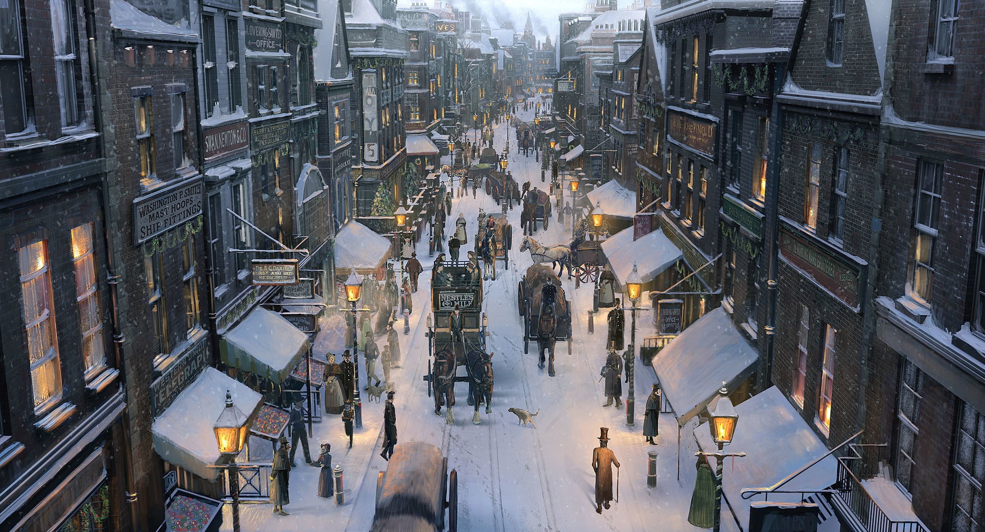 christmas, 1080P, street, art, city, snow, winter, horses, carts, people, HD Wallpaper