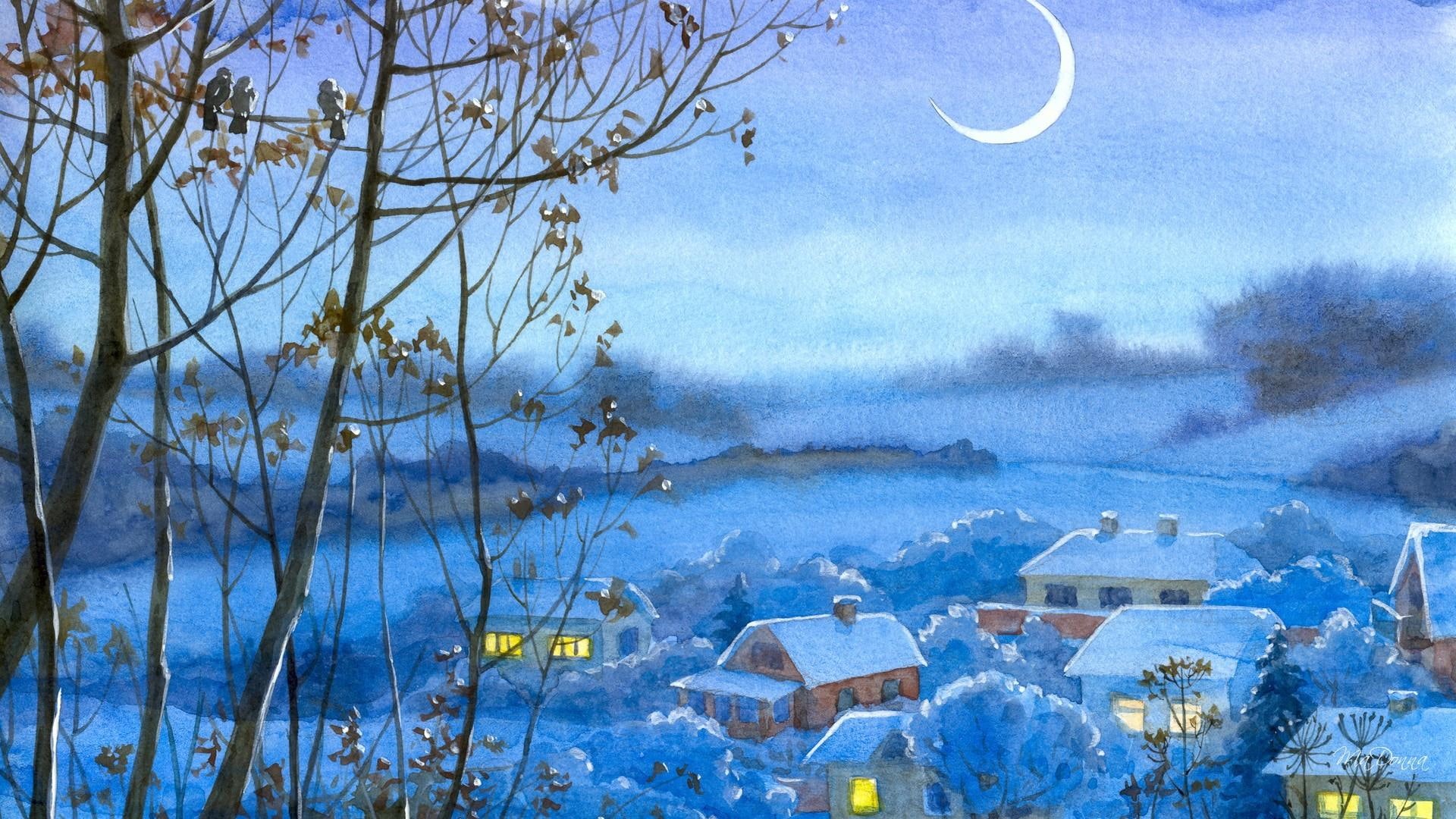 christmas, new years, paint, twilight, winter, watercolor, tree, light, windows, town, 1080P, village, crescent moon, snow, HD Wallpaper