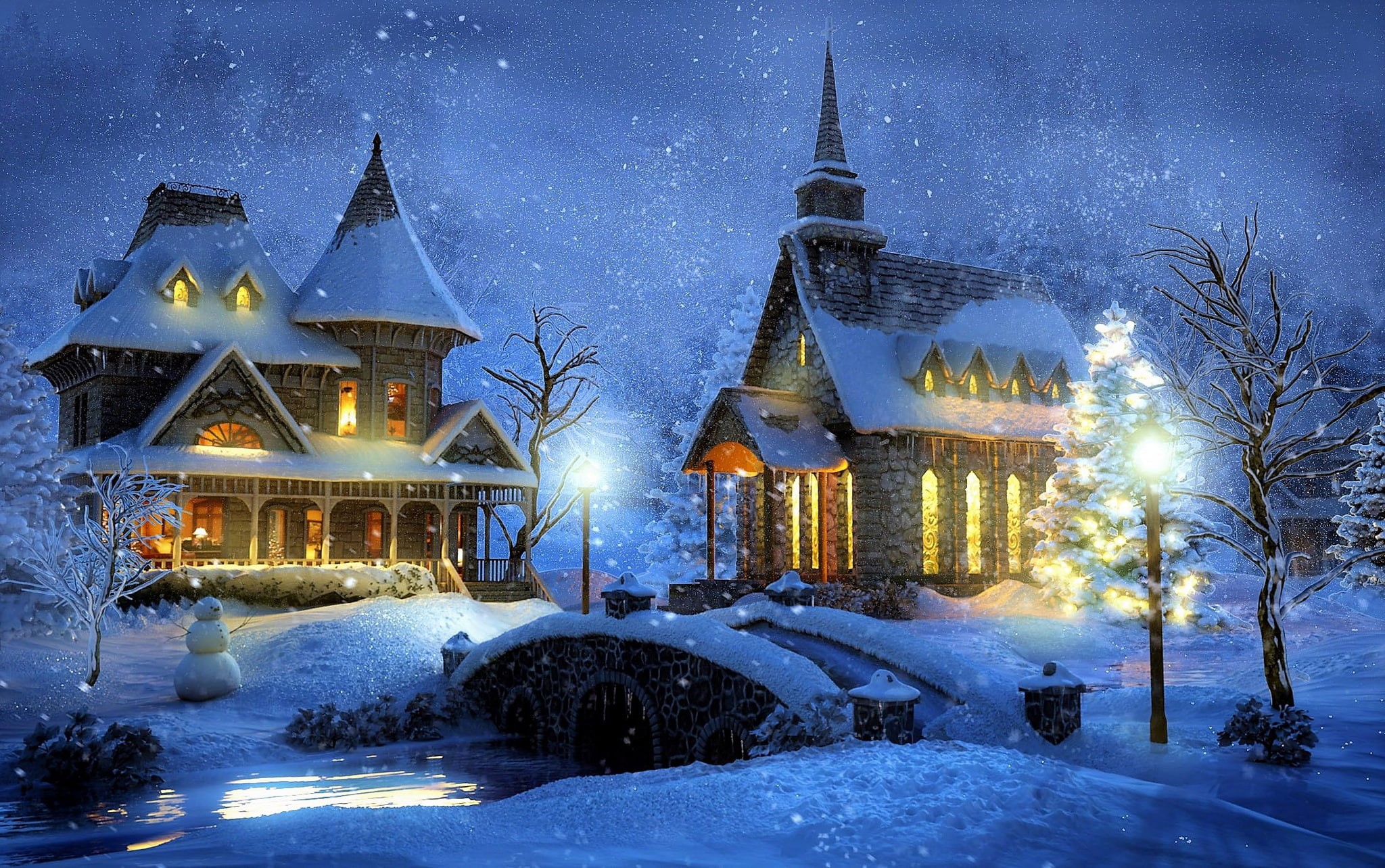 home, winter, bridge, snow, 1080P, Thomas Kinkade, lights, night, HD Wallpaper
