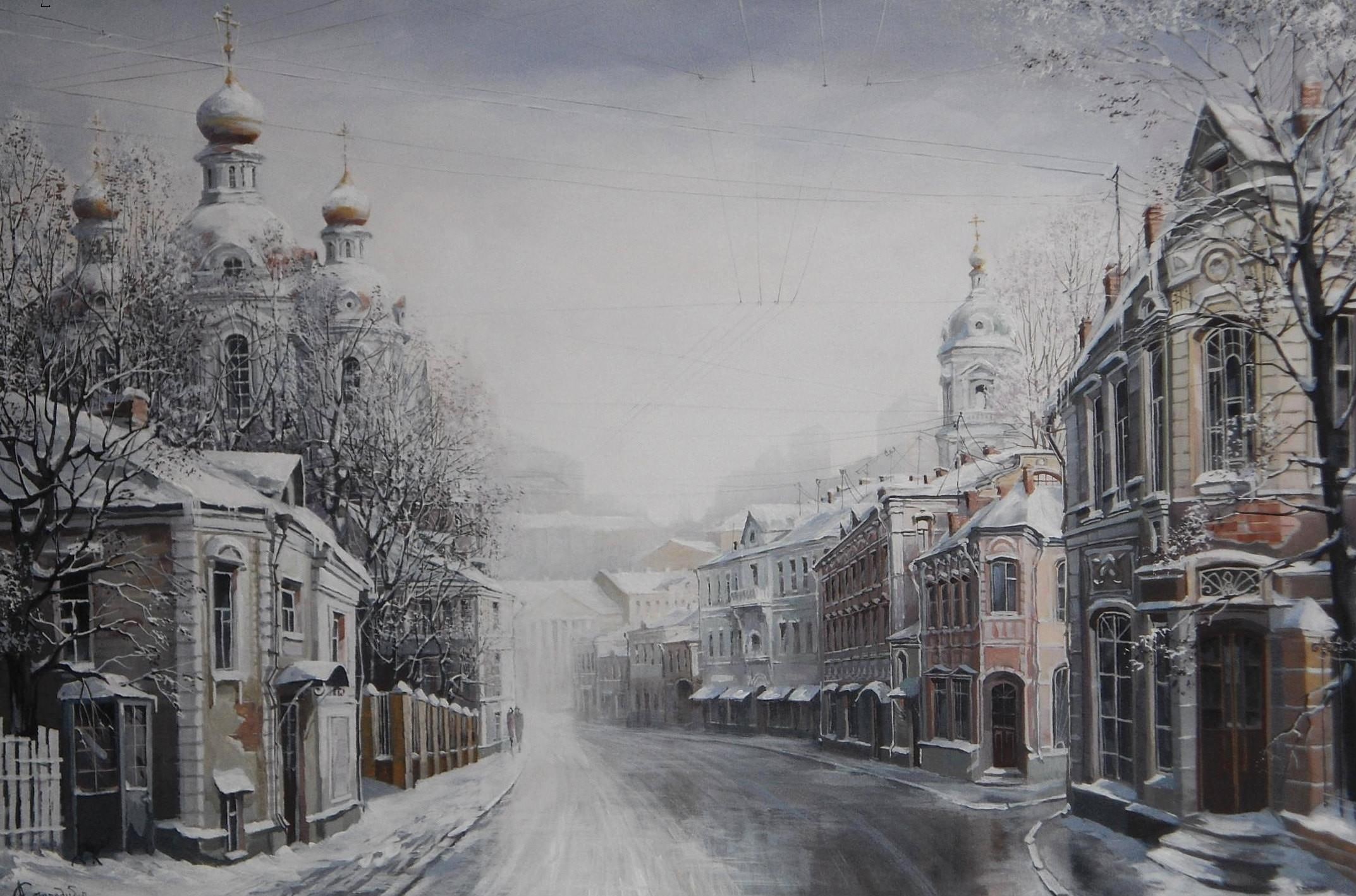 city, snow, 3d and abstract, 1080P, painting art, cold, street, winter, moscow, painting, abstract, HD Wallpaper