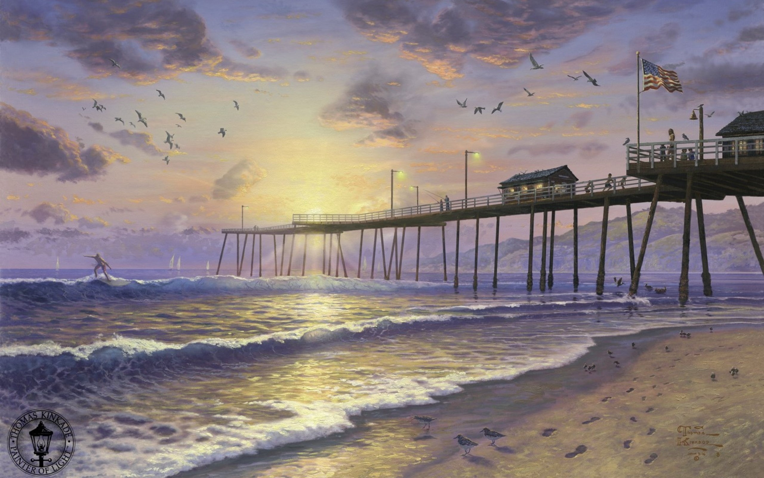 flock of birds, scenics, flag, vacations, sun, pier, cloud - Sky, animal themes, art, outdoors, motion, USA, traces, water, beach, sunlight, tourism, Footprints In Sand, HD Wallpaper