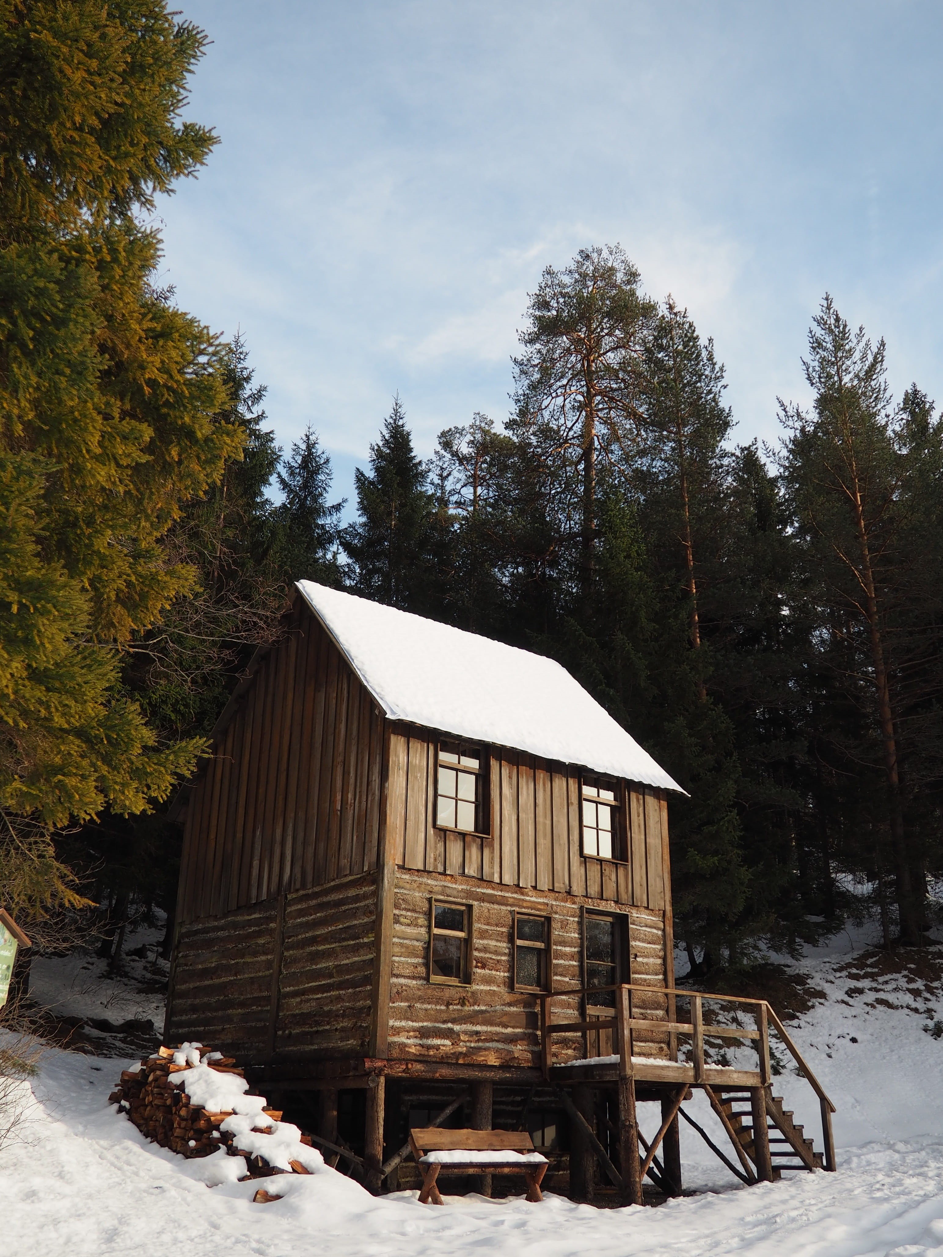 alm, wild, landscape, crystal, beauty in nature, 4K, sun, built structure, cabin, sunlight, romantic, building, home, cold, no people, day, alpine, plant, Phone HD Wallpaper