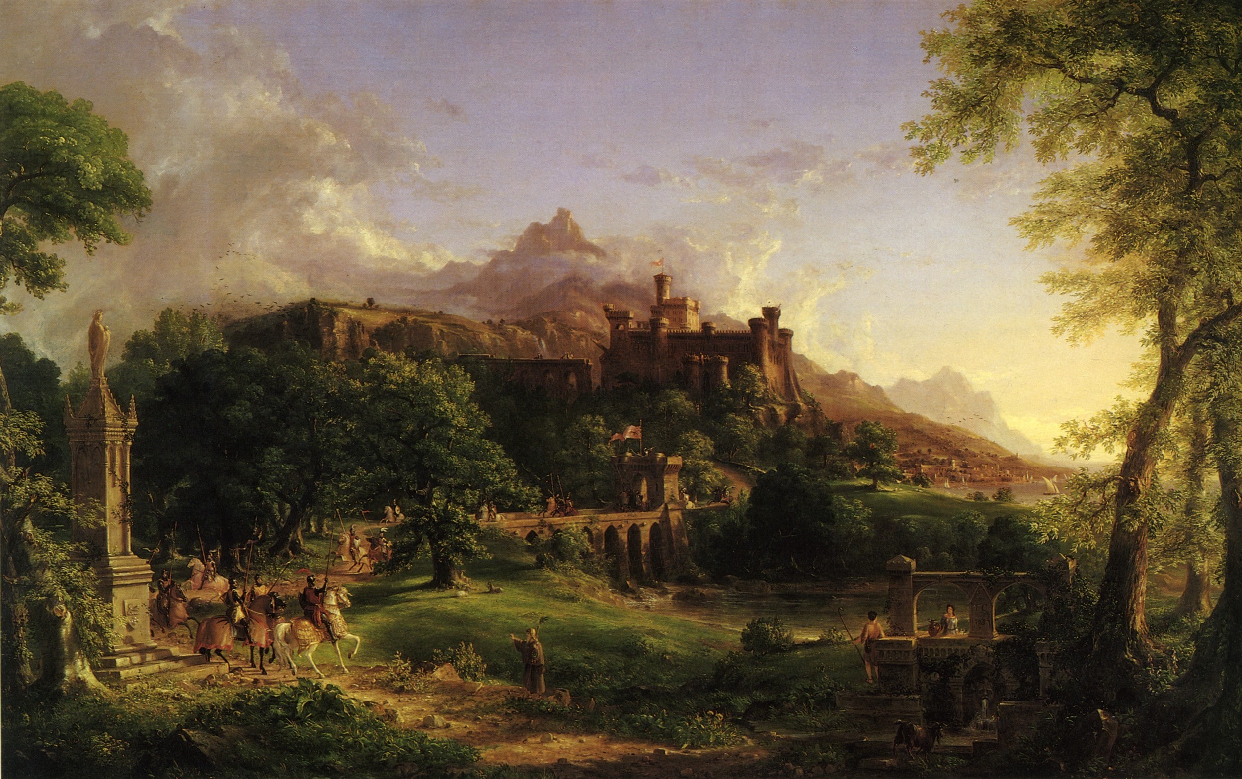 artwork, flag, forest, trees, tower, nature, painting, landscape, mountains, castle, horse, 1080P, Thomas Cole, knight, clouds, HD Wallpaper