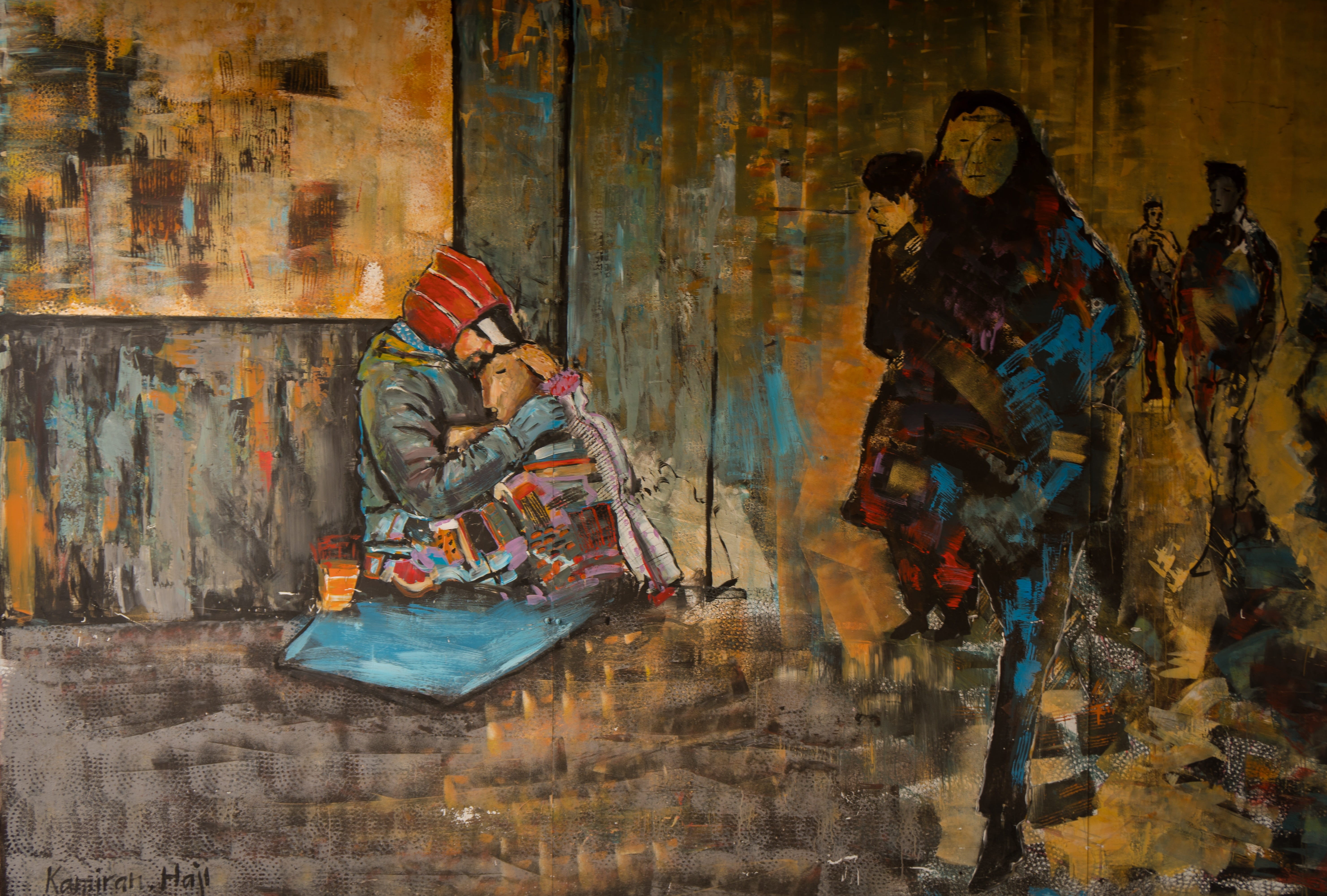full length, 5K, adult, homeless, women, painted wall, sitting, people, facade paint, architecture, artfully, street art, lifestyles, building, wood - material, HD Wallpaper