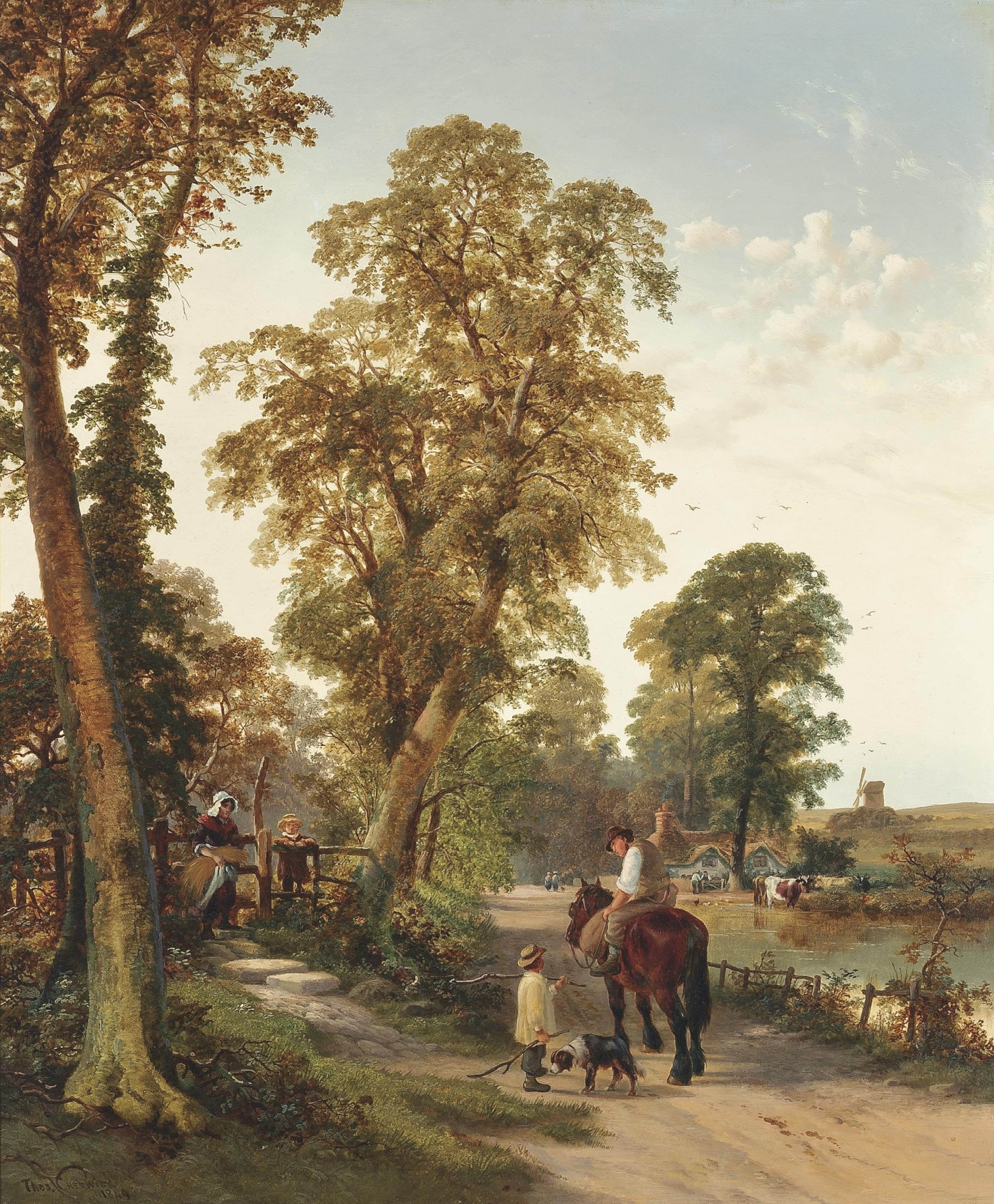 vertebrate, real people, Thomas Creswick, people, herbivorous, Painting, oil on canvas, trail, children, dog, full length, pets, adult, landscape, growth, Phone HD Wallpaper