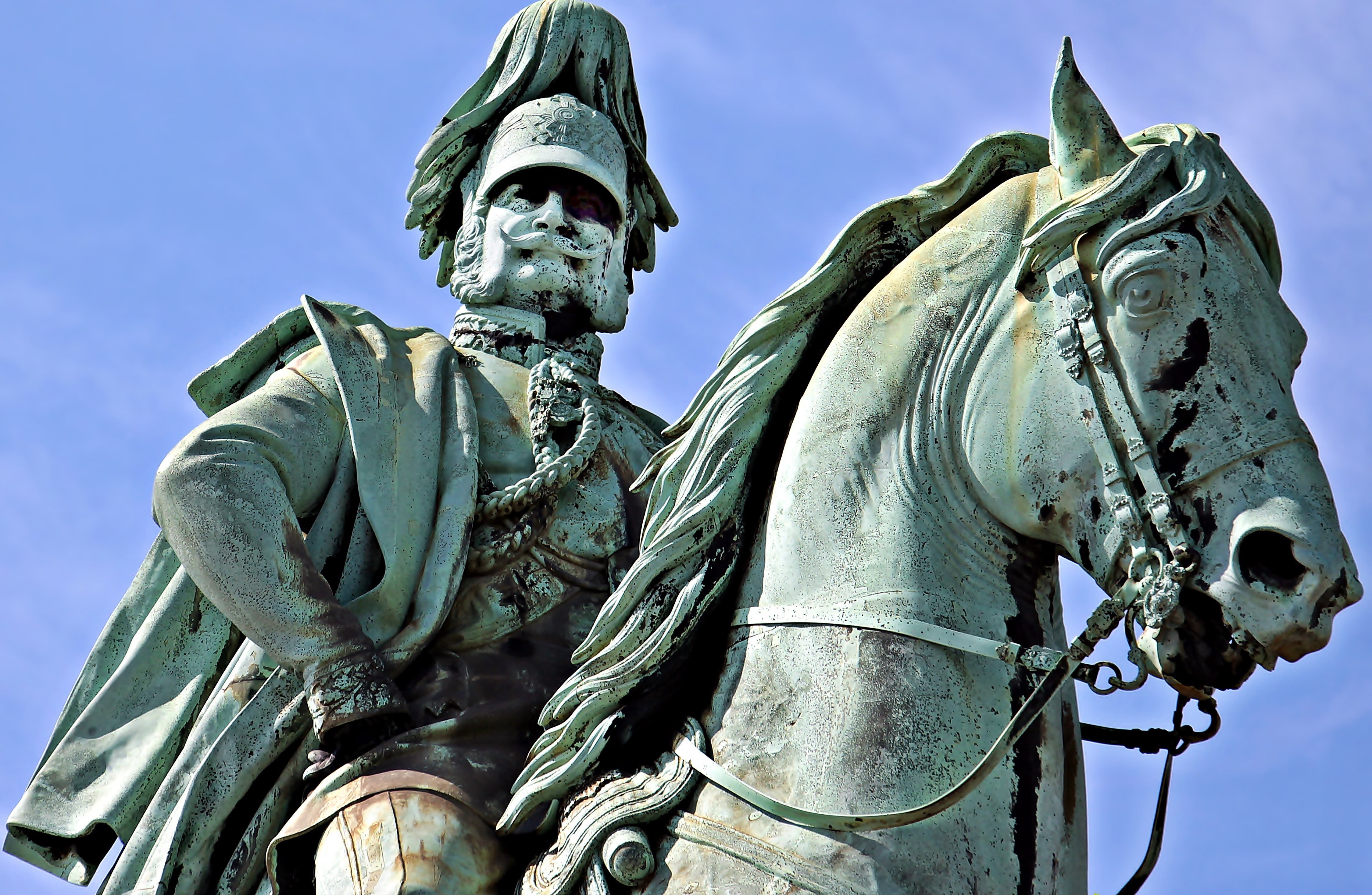 tourist attraction, rhine, rechtsrheinisch, emperor wilhelm i, historically, king of prussia, close-up, no people, metal, angle, sky, army helmet, hohenzollern bridge, HD Wallpaper