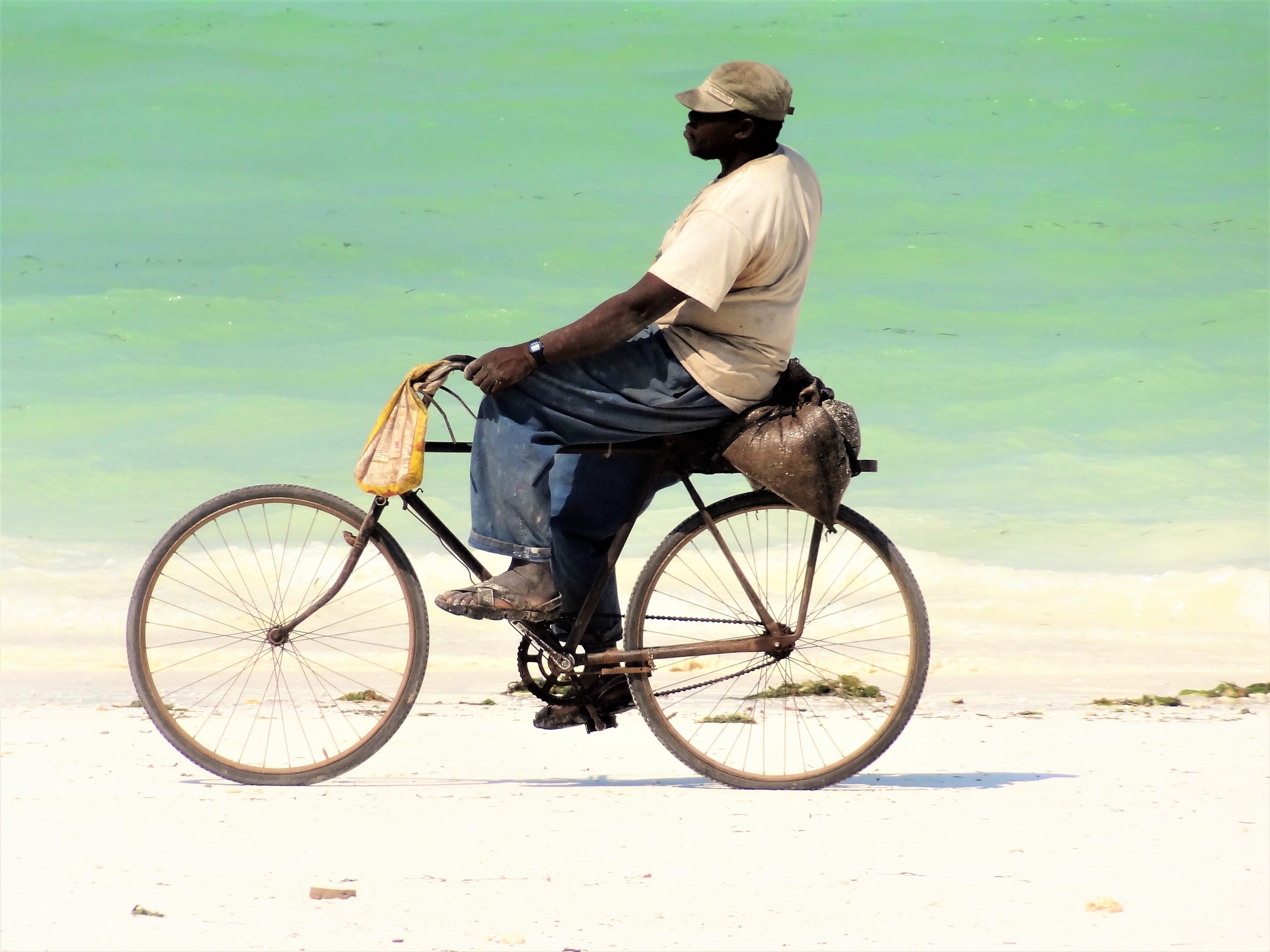 cyclists, sitting, rear view, day, full length, lifestyles, beige, adult, 4K, one man only, one person, transportation, velo driver, riding, cycling, hairstyle, HD Wallpaper
