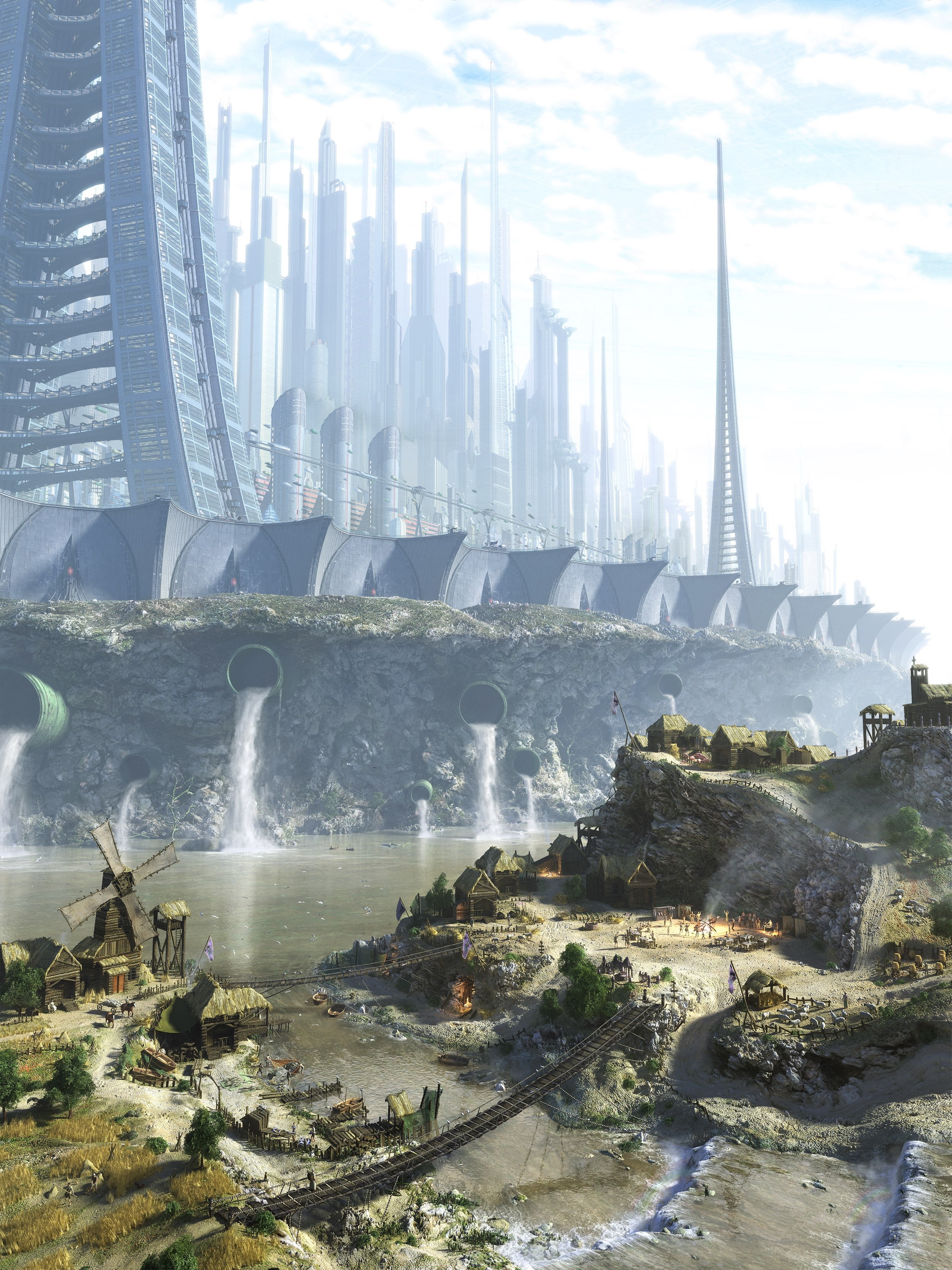 windmill, skyscrapers, science, abstract, Futuristic, fiction, x, bridges, fantasy, town, art, hd, future, 2K, Phone HD Wallpaper